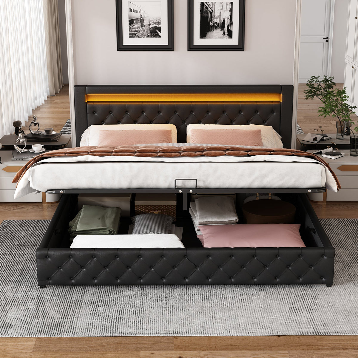 Upholstered Bed 180x200cm Functional Storage LED Slatted Frame - Black PU
