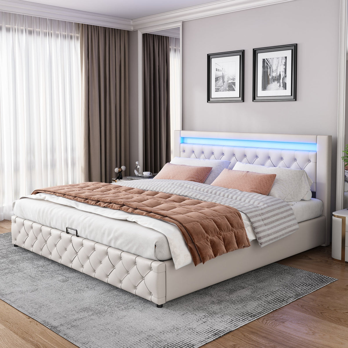 Upholstered Bed 180x200cm Functional Storage LED Slatted Frame - White PU