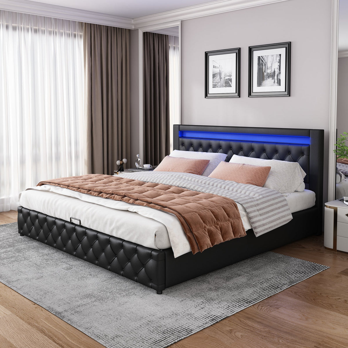 Upholstered Bed 180x200cm Functional Storage LED Slatted Frame - Black PU