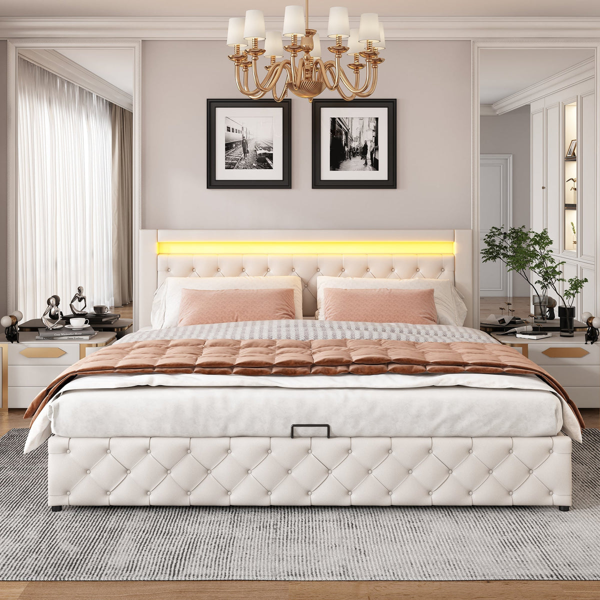 Upholstered Bed 180x200cm Functional Storage LED Slatted Frame - White PU