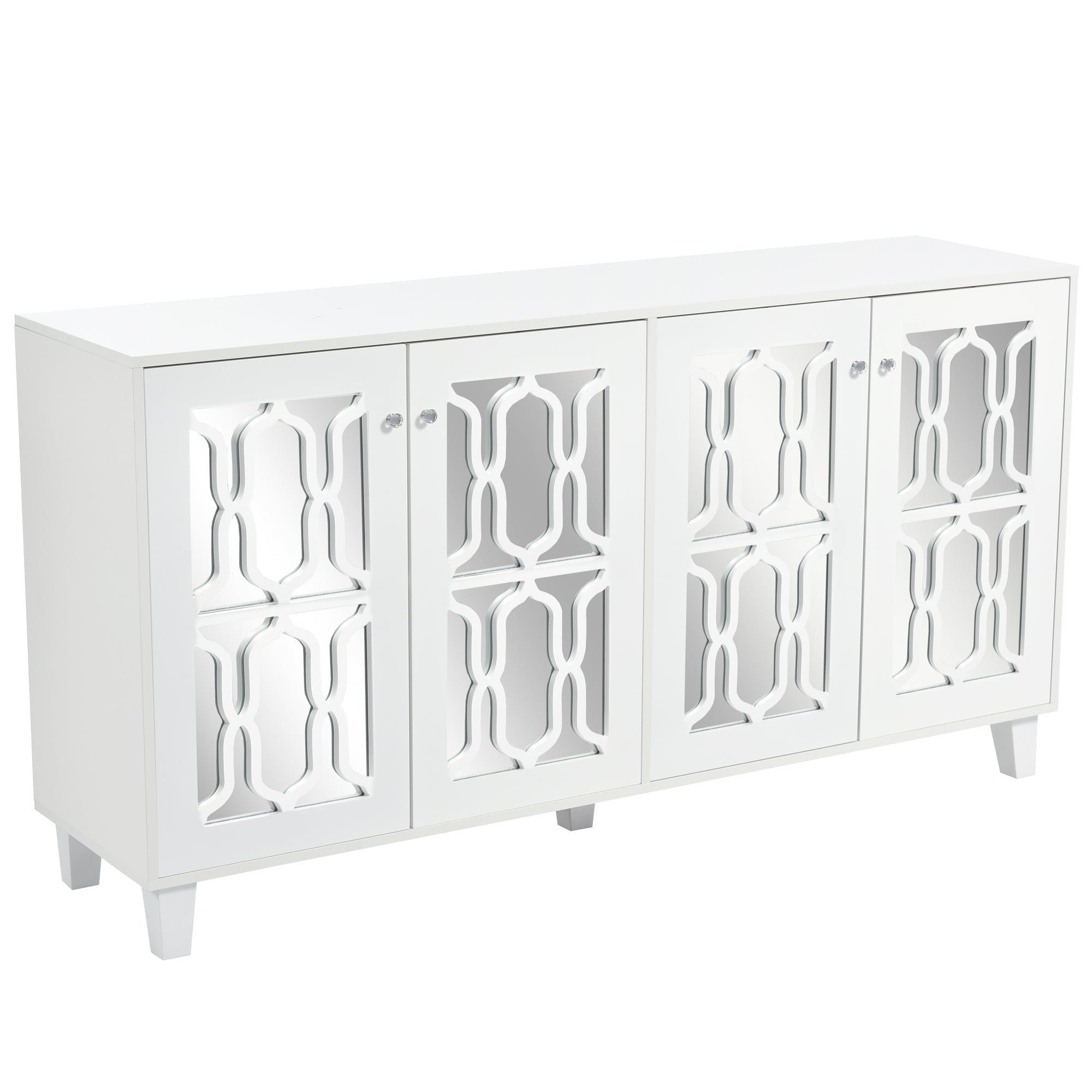 Sideboard, Mirrored with Crystal Handles, Four Doors, White