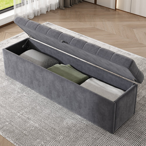 Upholstered Bed with Hydraulic Storage and Bench, 140x200cm, Grey Velvet