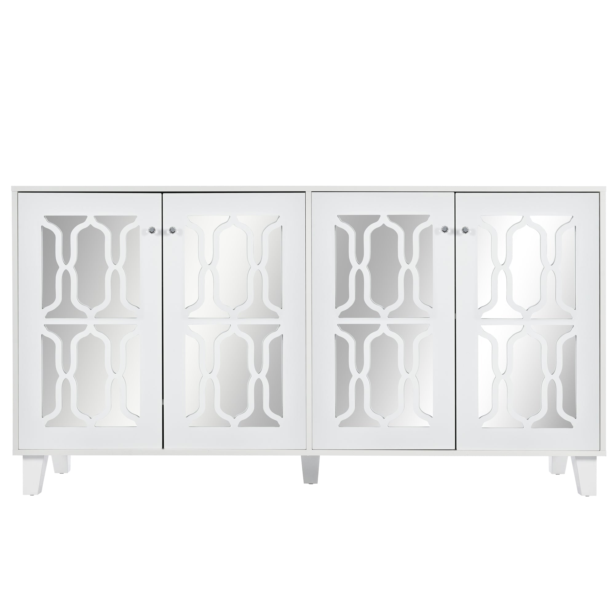 Sideboard, Mirrored with Crystal Handles, Four Doors, White