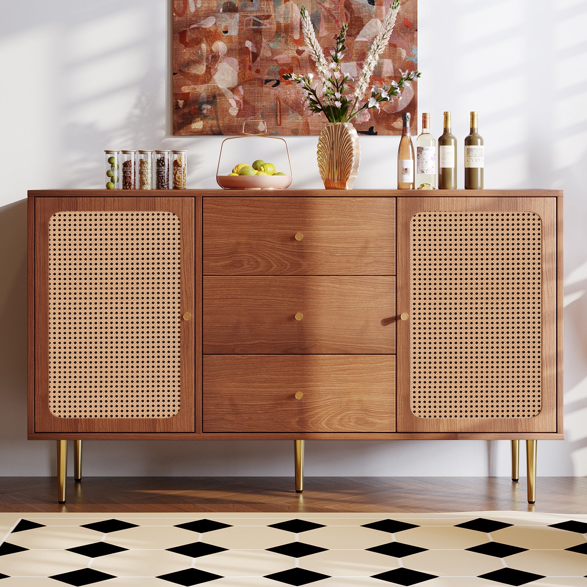 Chest of Drawers, 2 Doors, 3 Drawers, Rattan, Adjustable Shelf, Walnut