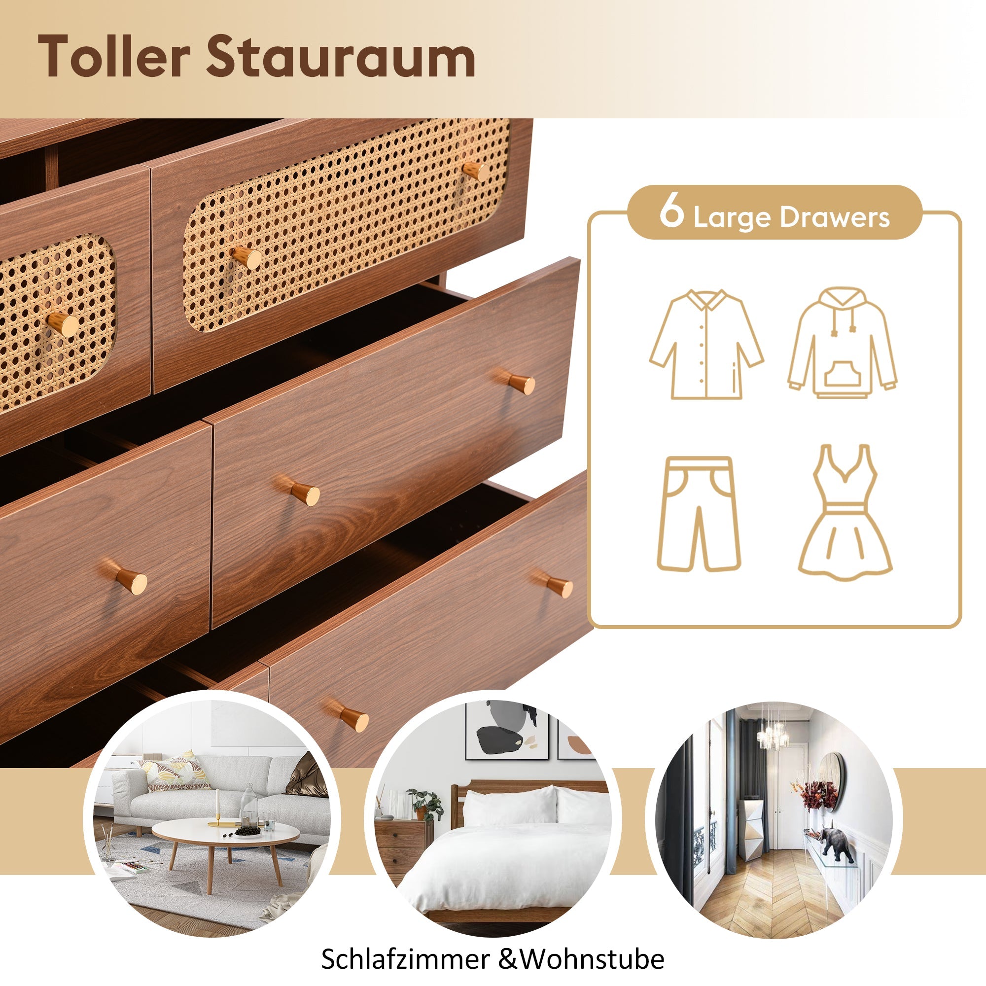 Chest of Drawers, 6 Drawer Rattan Sideboard, Walnut