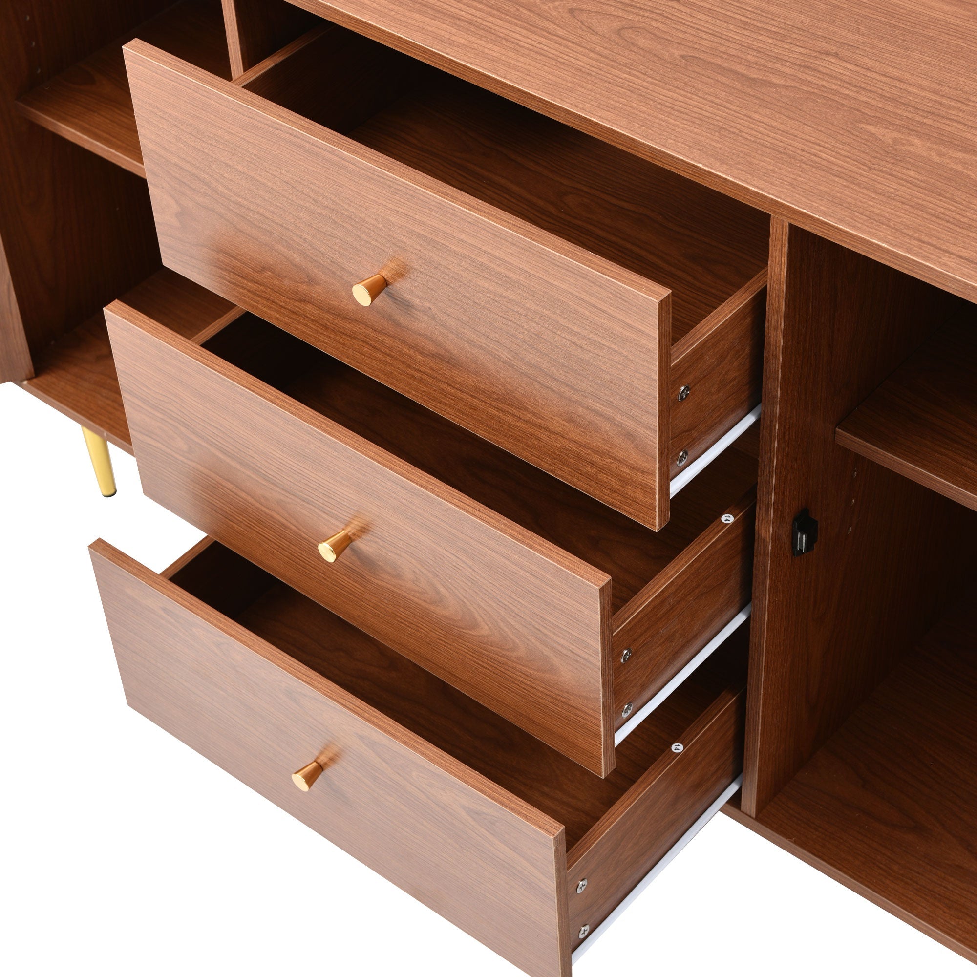 Chest of Drawers, 2 Doors, 3 Drawers, Rattan, Adjustable Shelf, Walnut