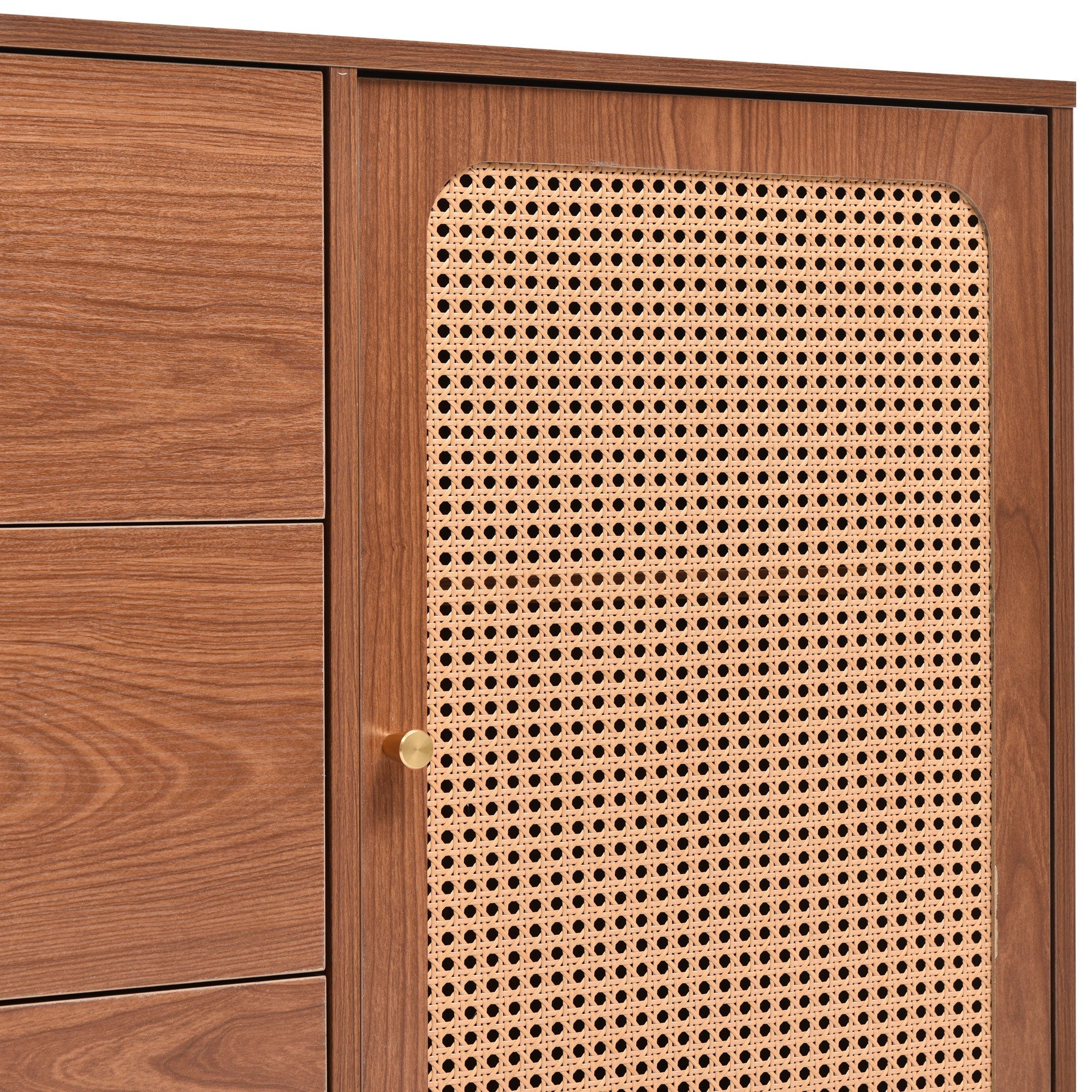 Chest of Drawers, 2 Doors, 3 Drawers, Rattan, Adjustable Shelf, Walnut