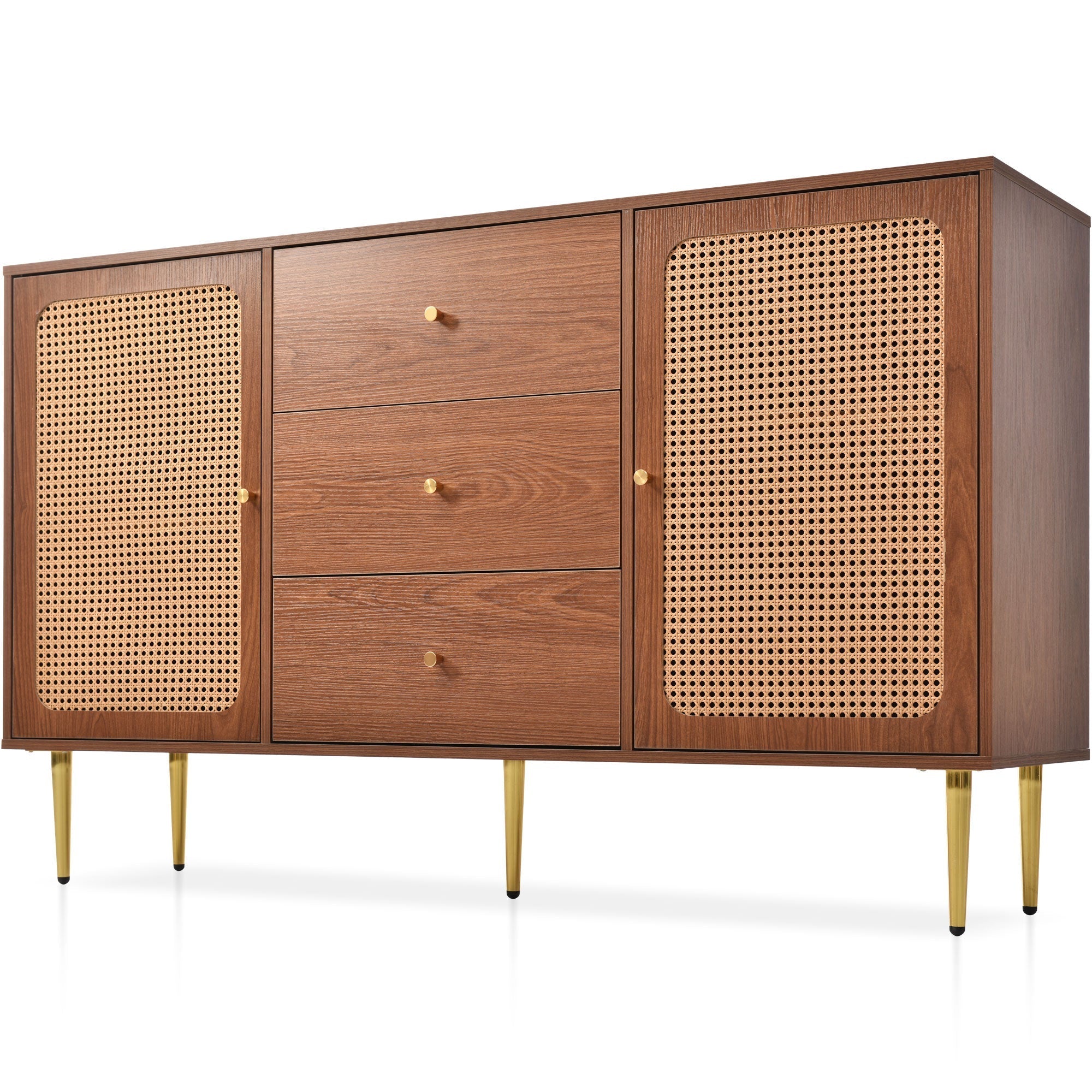 Chest of Drawers, 2 Doors, 3 Drawers, Rattan, Adjustable Shelf, Walnut