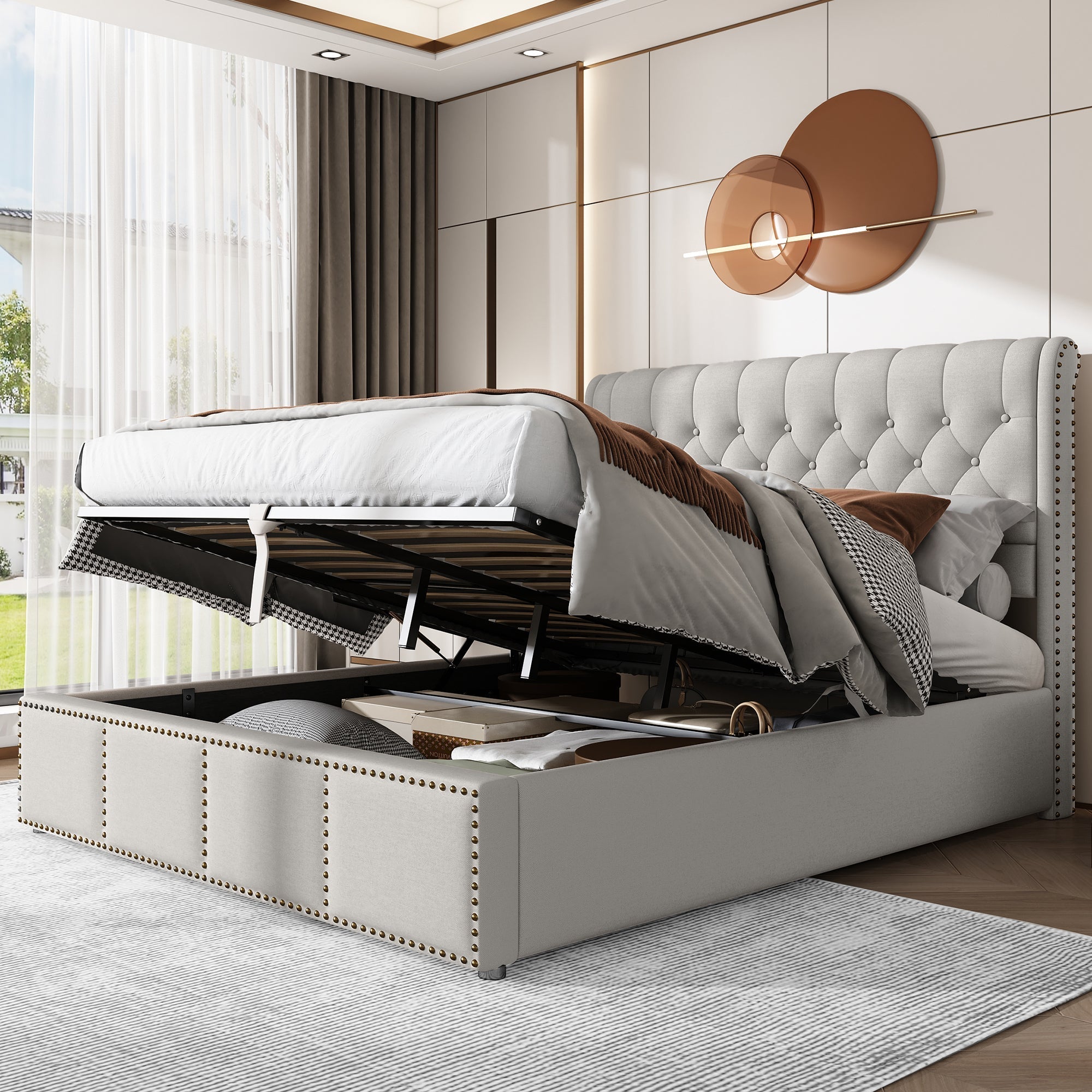 Upholstered Bed 140x200cm Hydraulic Storage Studded - Cotton-Linen