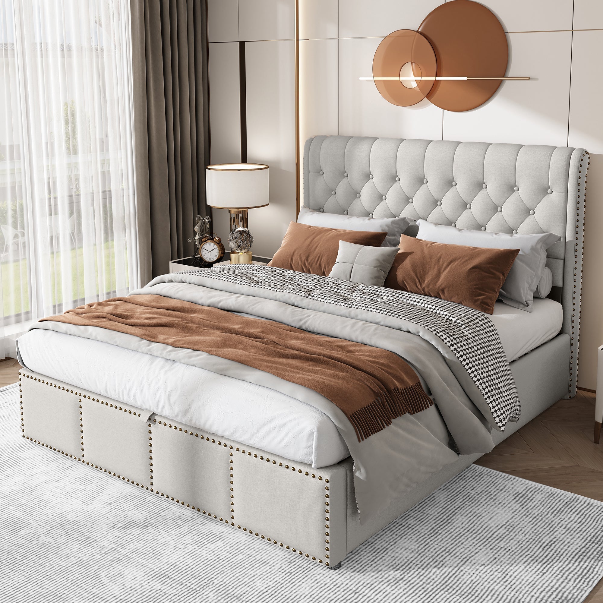 Upholstered Bed 140x200cm Hydraulic Storage Studded - Cotton-Linen
