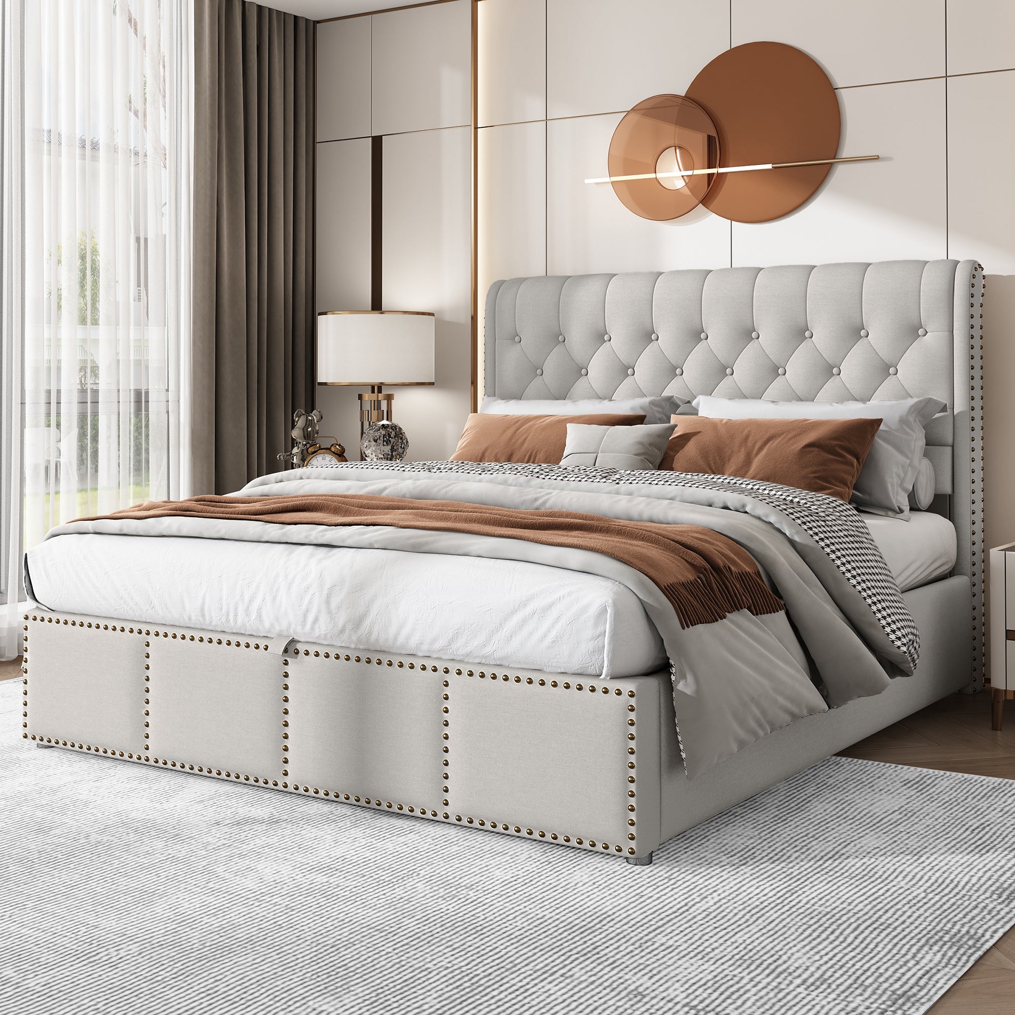 Upholstered Bed 140x190cm Hydraulic Storage Studded - Cotton-Linen
