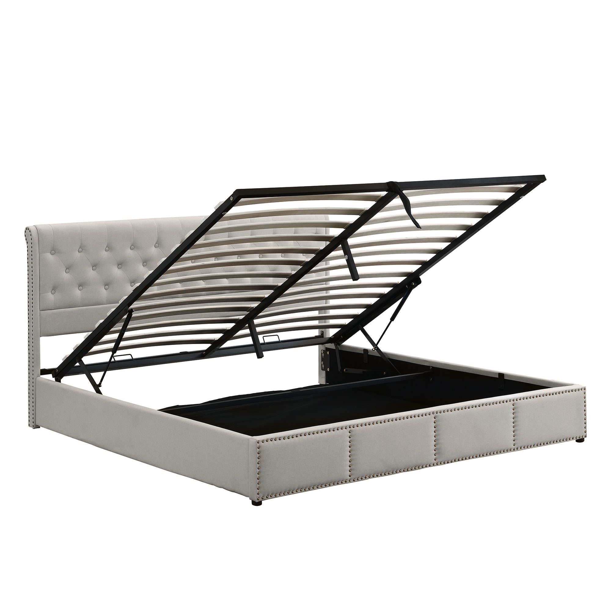 Upholstered Bed 180x200cm Hydraulic Storage Studded - Cotton-Linen Light Grey