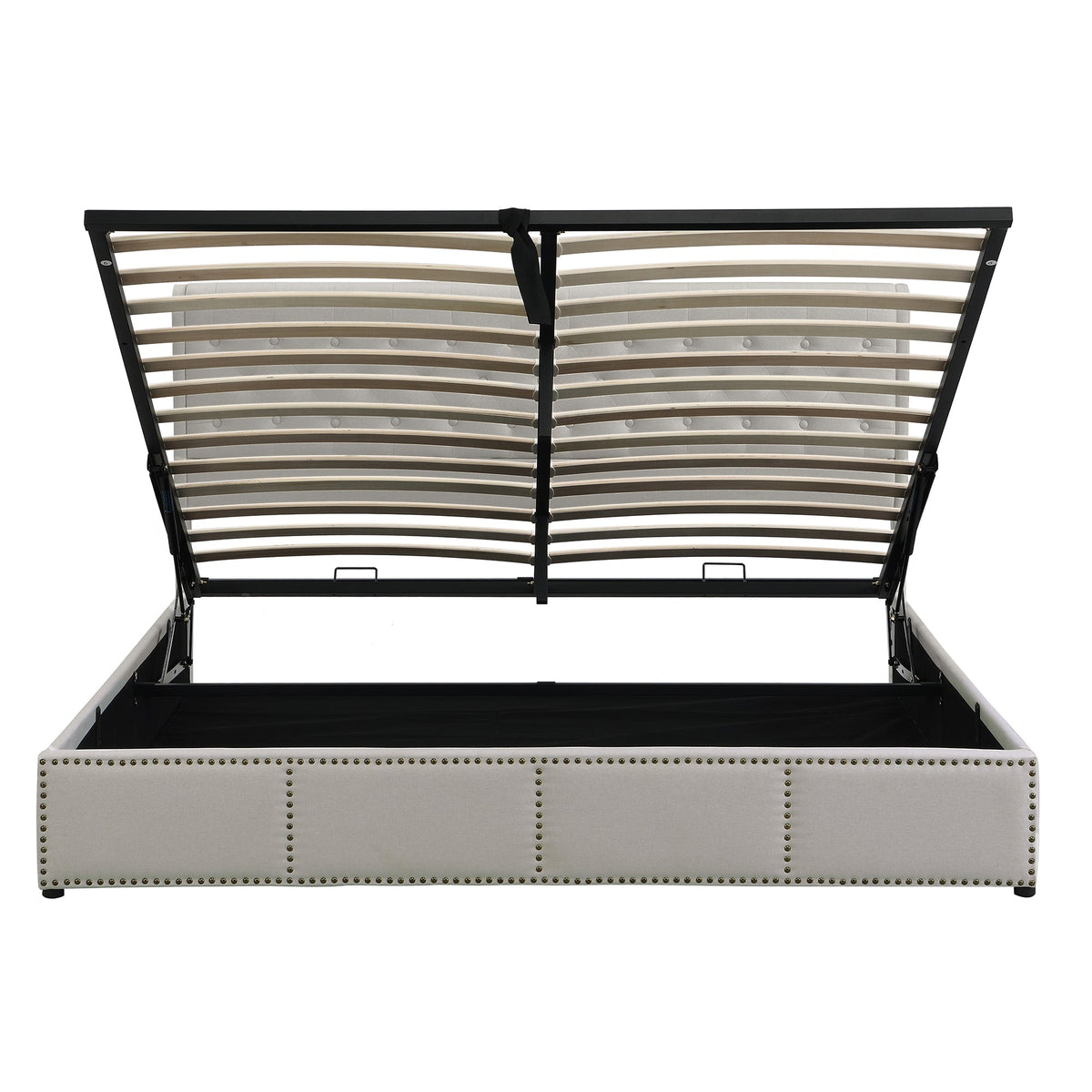 Upholstered Bed 180x200cm Hydraulic Storage Studded - Cotton-Linen Light Grey
