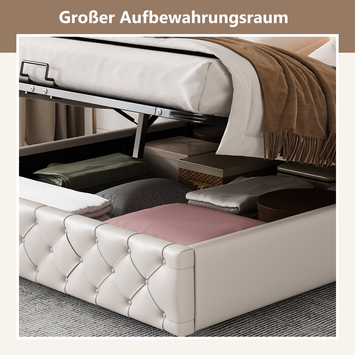 Upholstered Bed 140x200cm Functional Storage LED - White PU