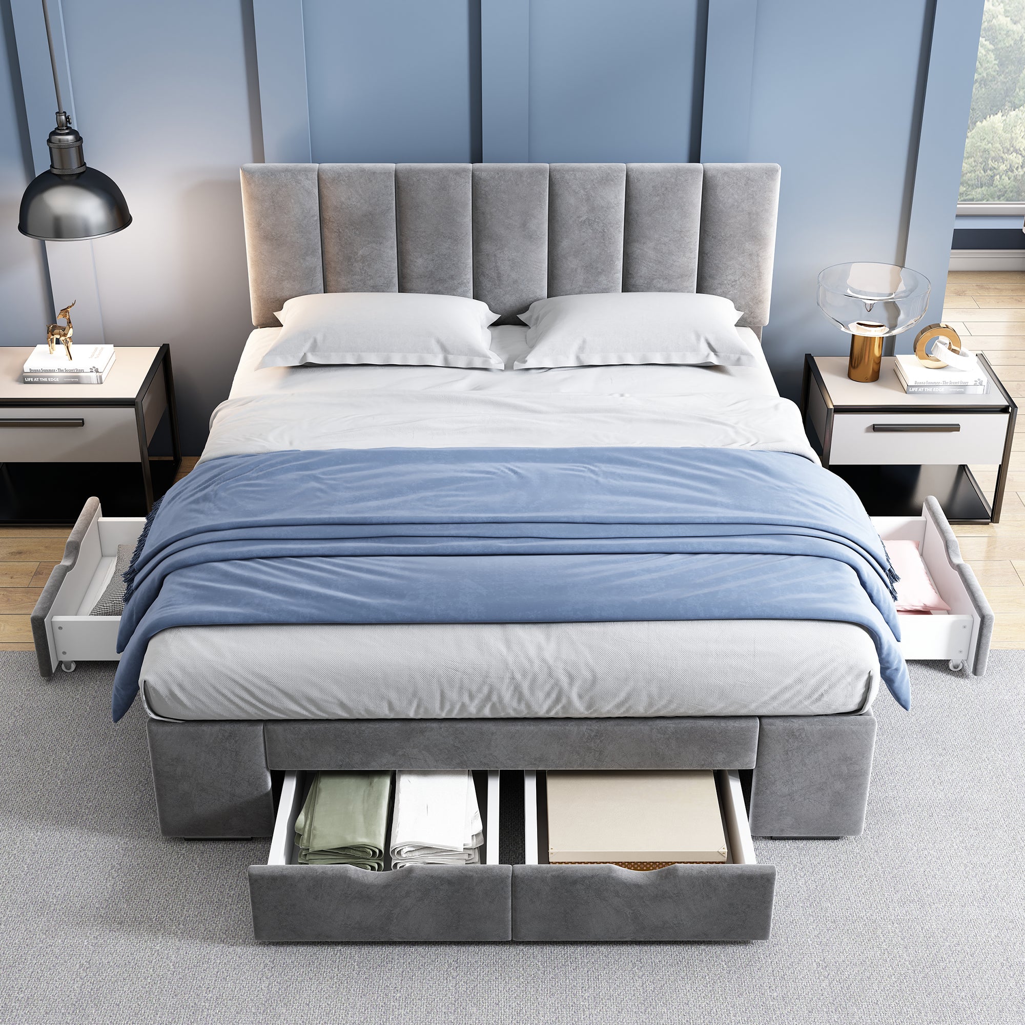 Upholstered Bed 140x200 Slatted Frame Backrest & 4 Drawers - Velvet Grey