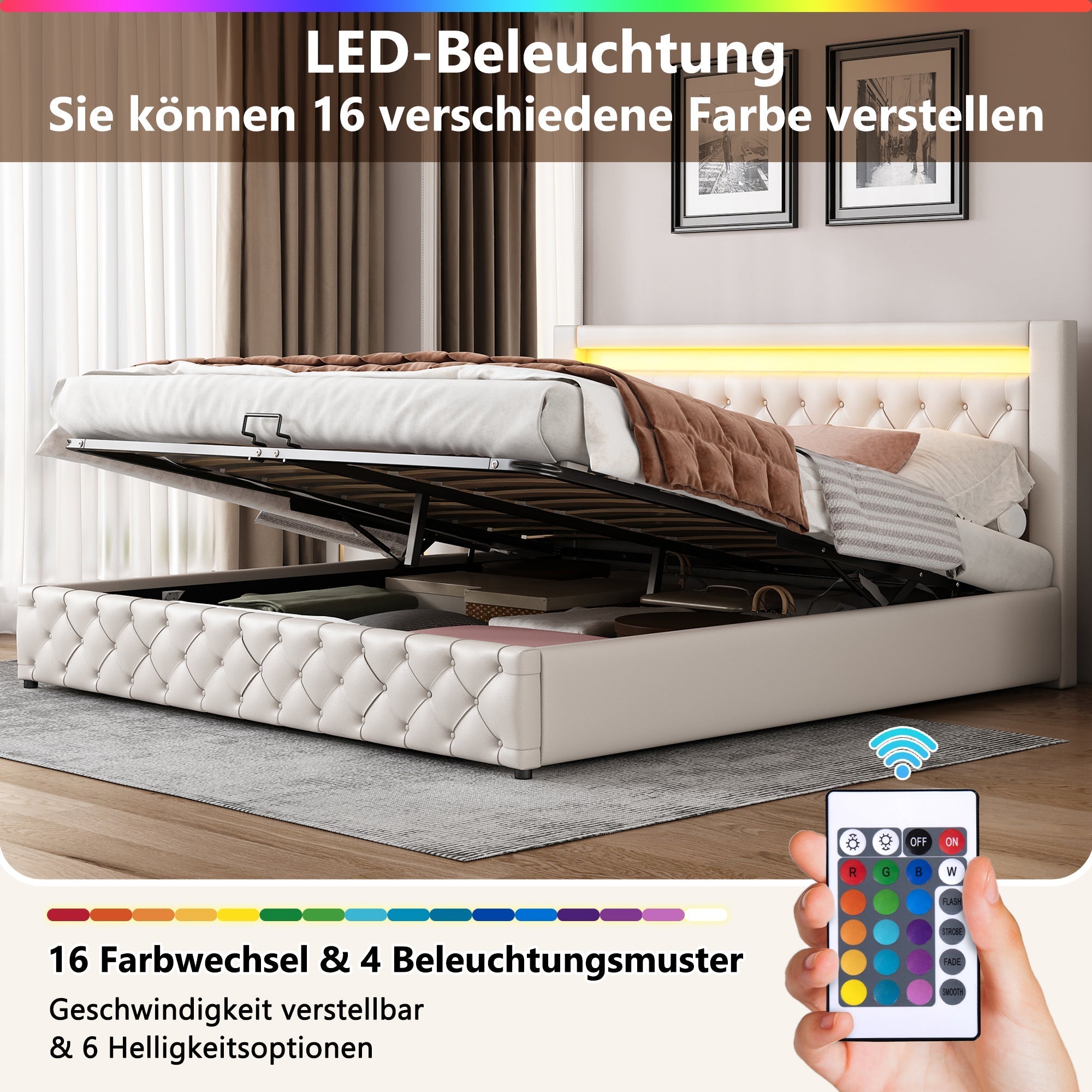 Upholstered Bed 180x200cm Functional Storage LED Slatted Frame - White PU