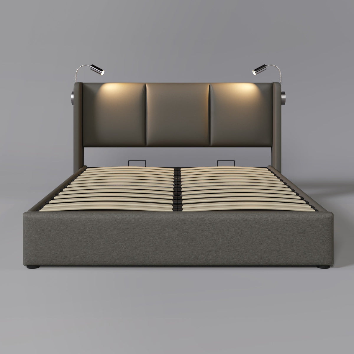 Upholstered Double Bed 140x200 Storage, USB Light, Slatted Base, PU