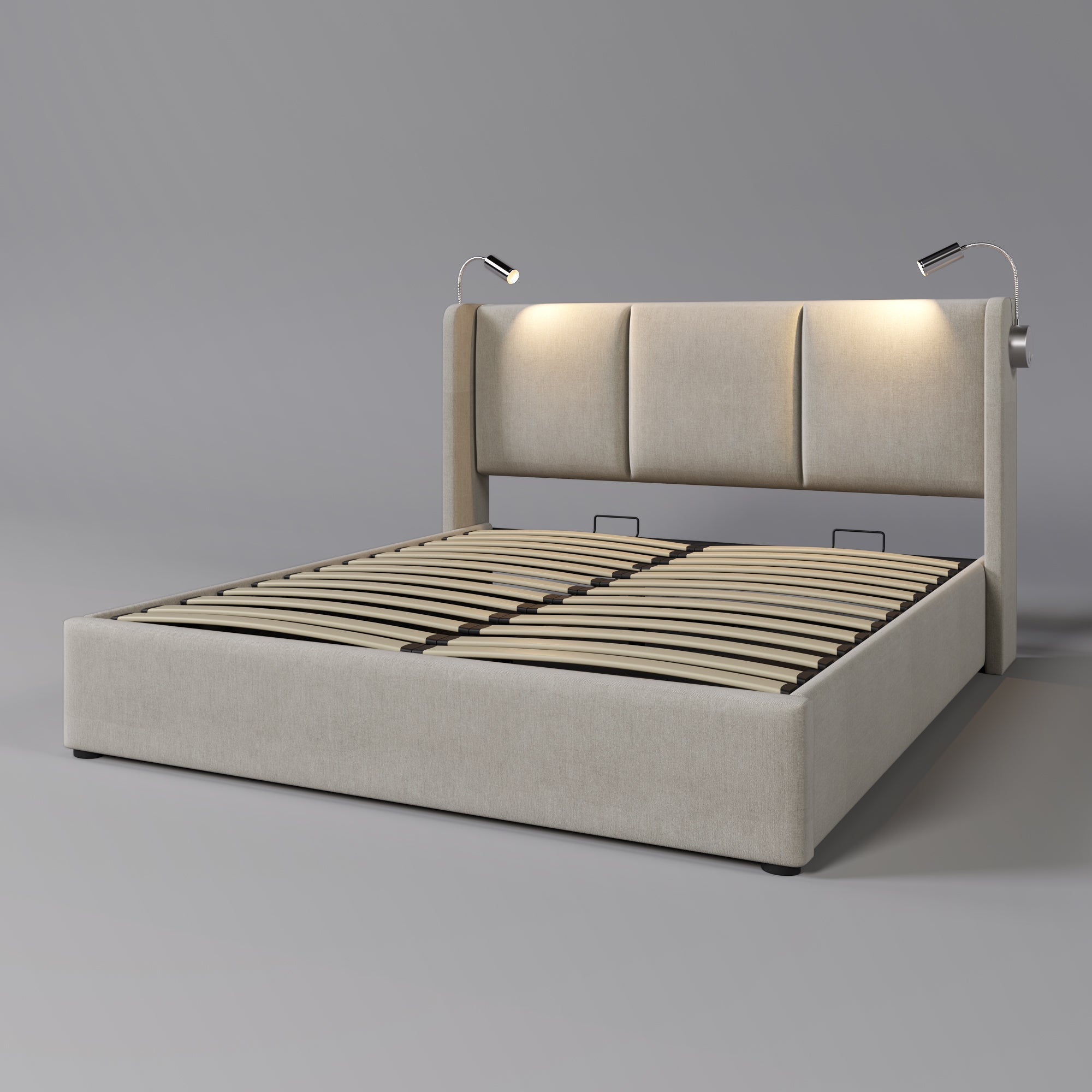 Upholstered Double Bed 160x200 Storage, USB Reading Light Headboard, Linen Material