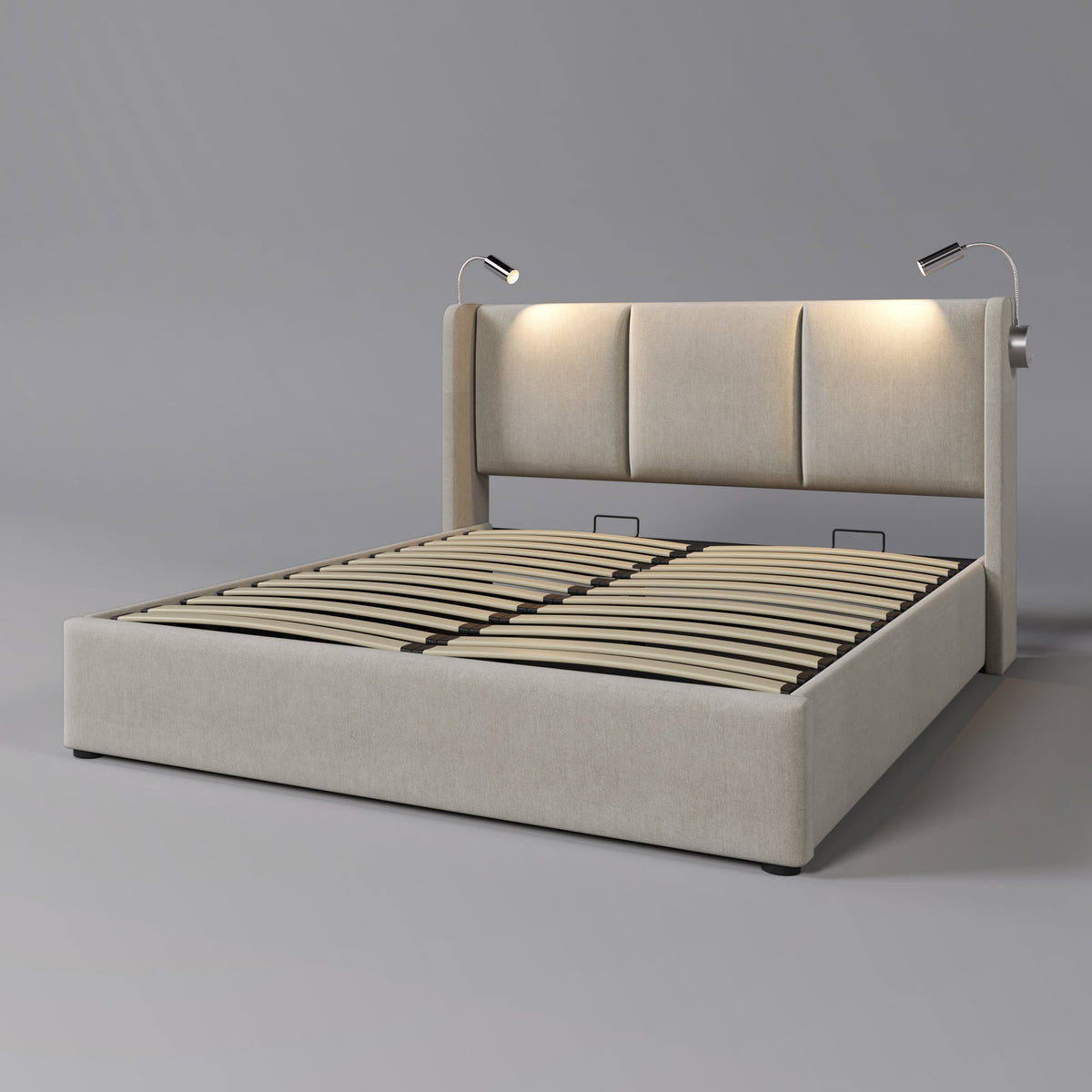 Upholstered Double Bed, 140x200 Storage USB Reading Light, Linen Material