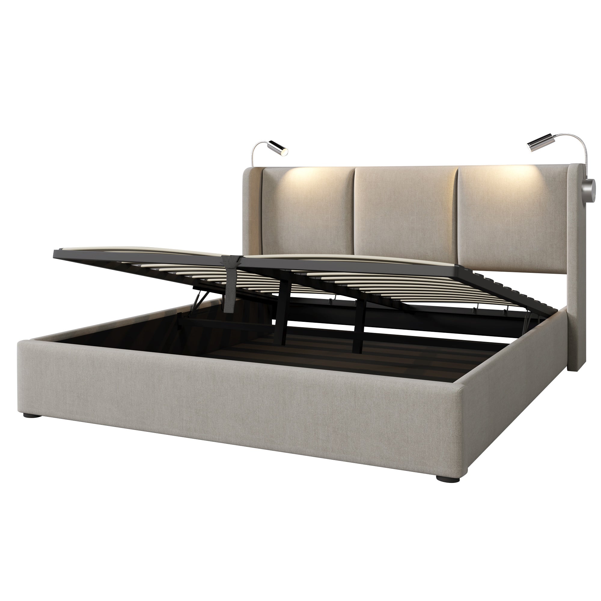 Upholstered Double Bed Storage Reading Light Charging Headboard 160x200 PU