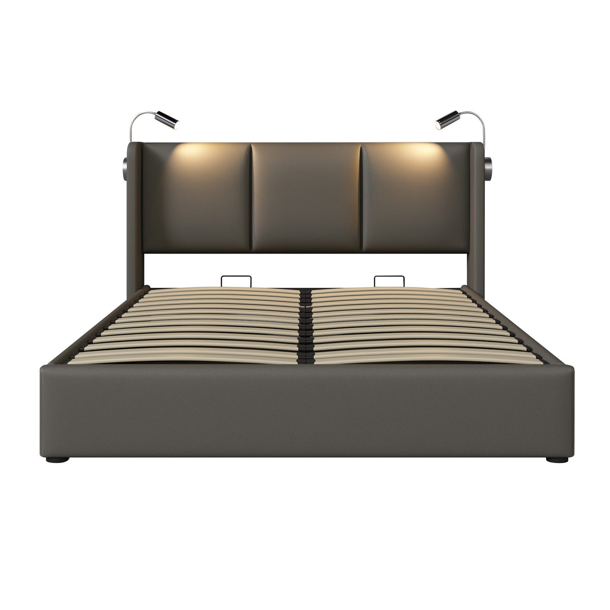 Upholstered Double Bed 140x200 Storage USB Headboard with Slatted Base, PU