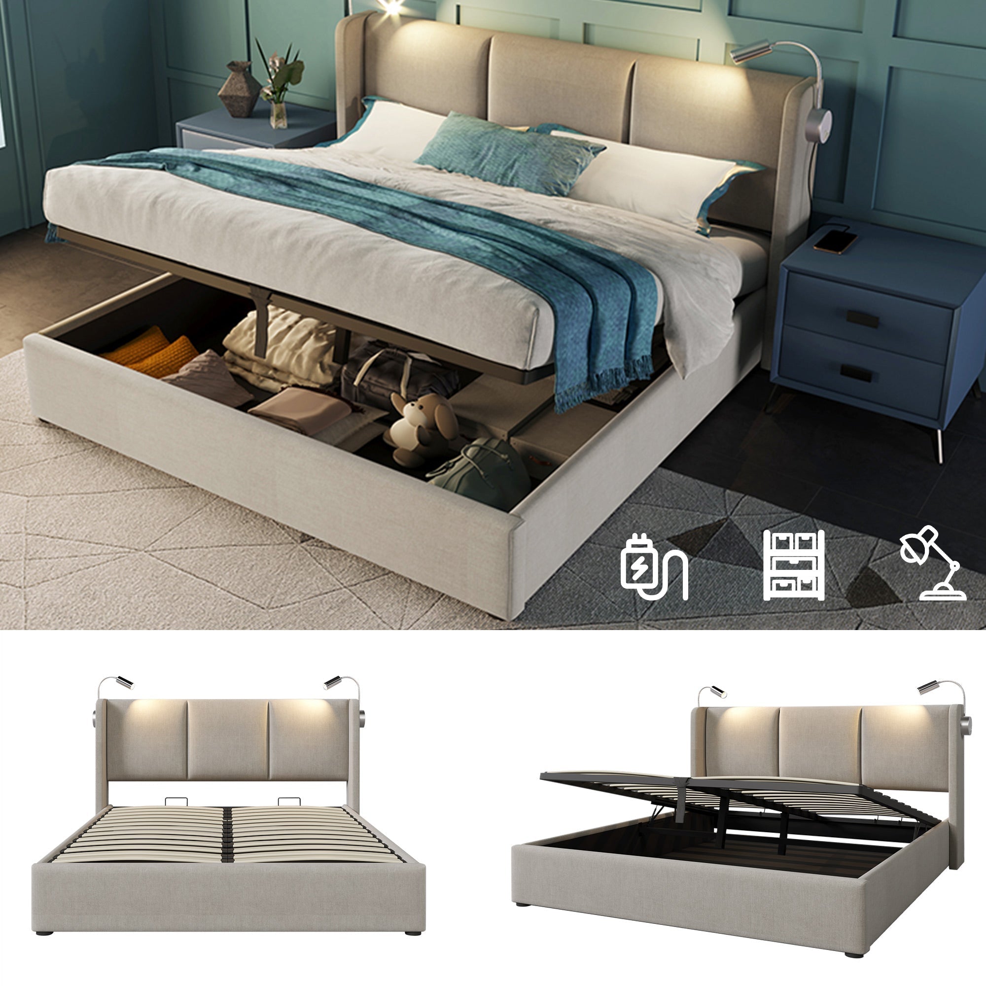 Upholstered Double Bed, 140x200 Storage USB Reading Light, Linen Material