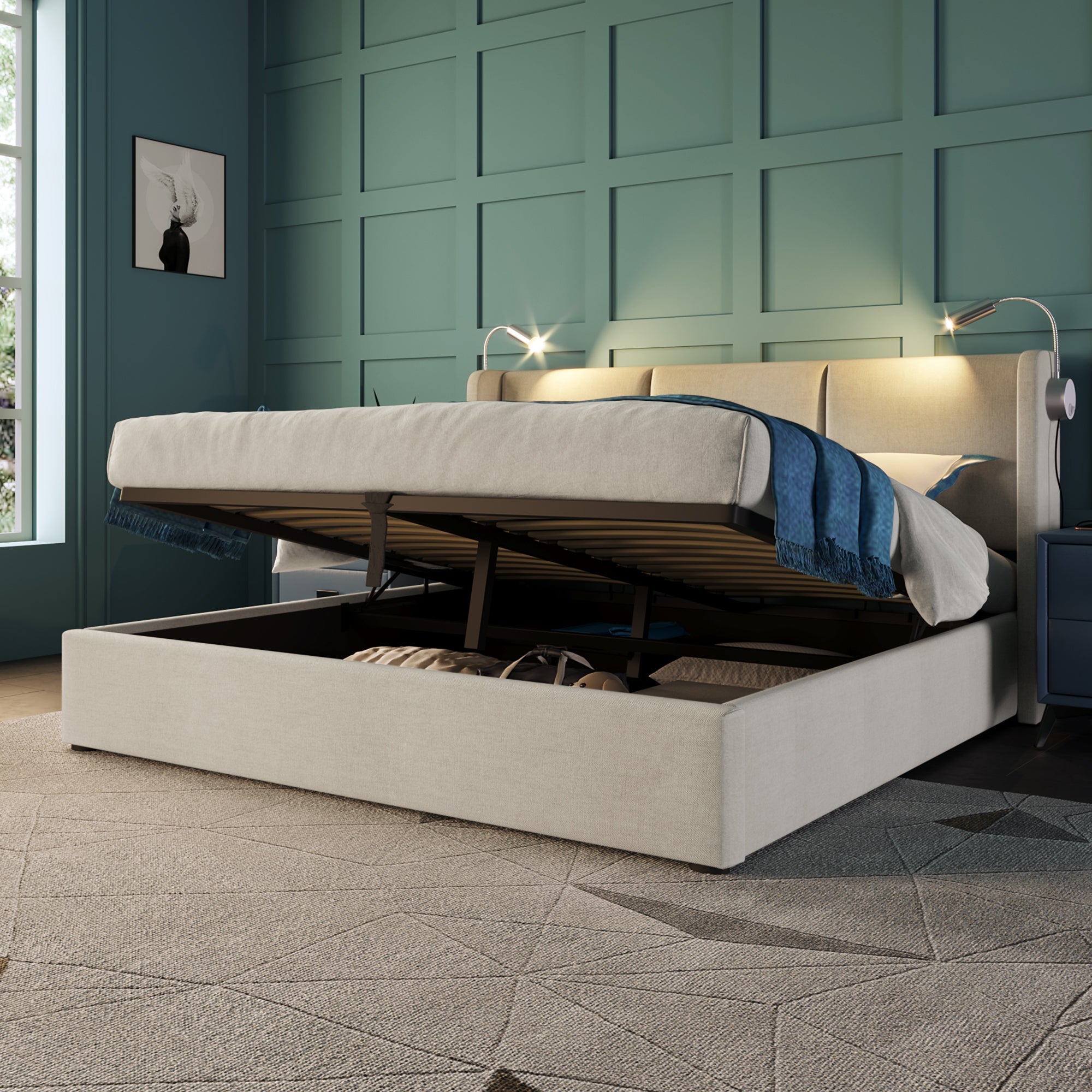 Upholstered Double Bed Storage Reading Light Charging Headboard 160x200 PU