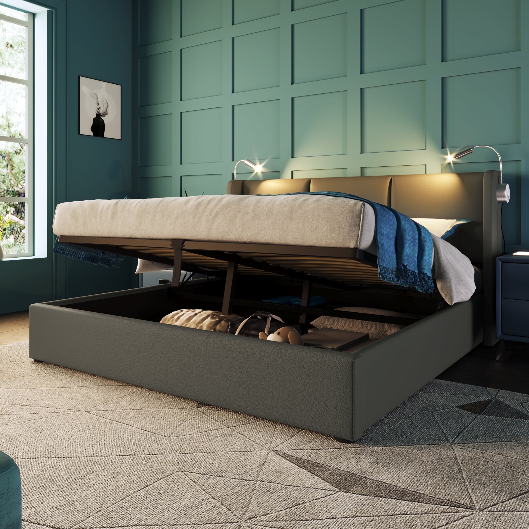 Upholstered Double Bed 160x200 Storage Reading Light Headboard PU