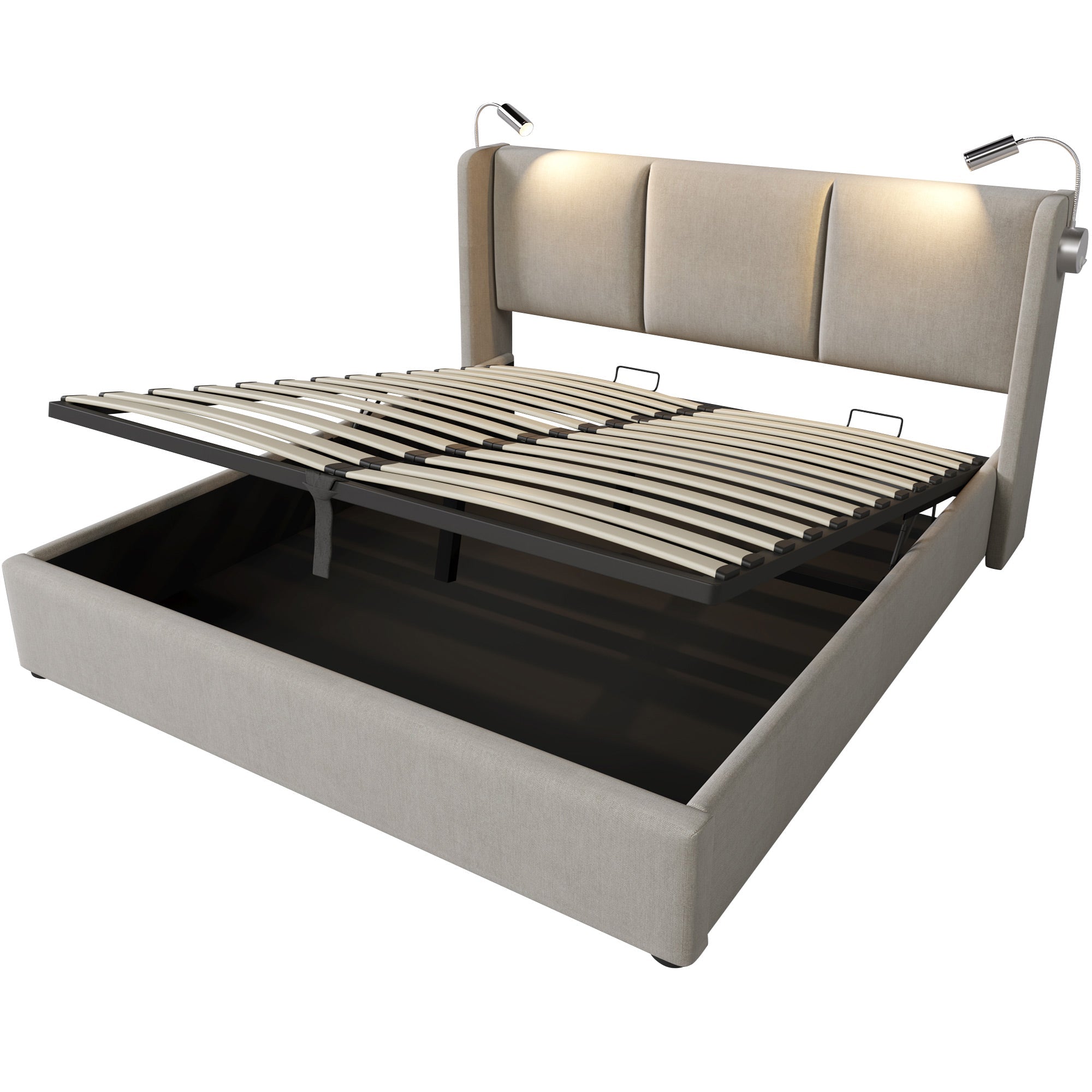 Upholstered Double Bed Storage Reading Light Charging Headboard 160x200 PU