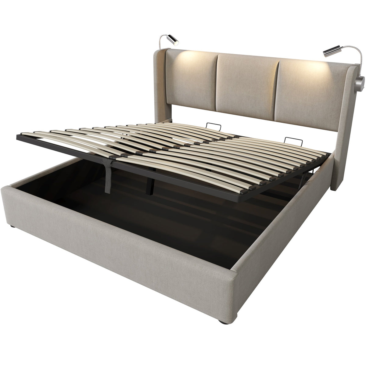 Upholstered Bed 140x200 Storage USB Reading Light, Linen Fabric