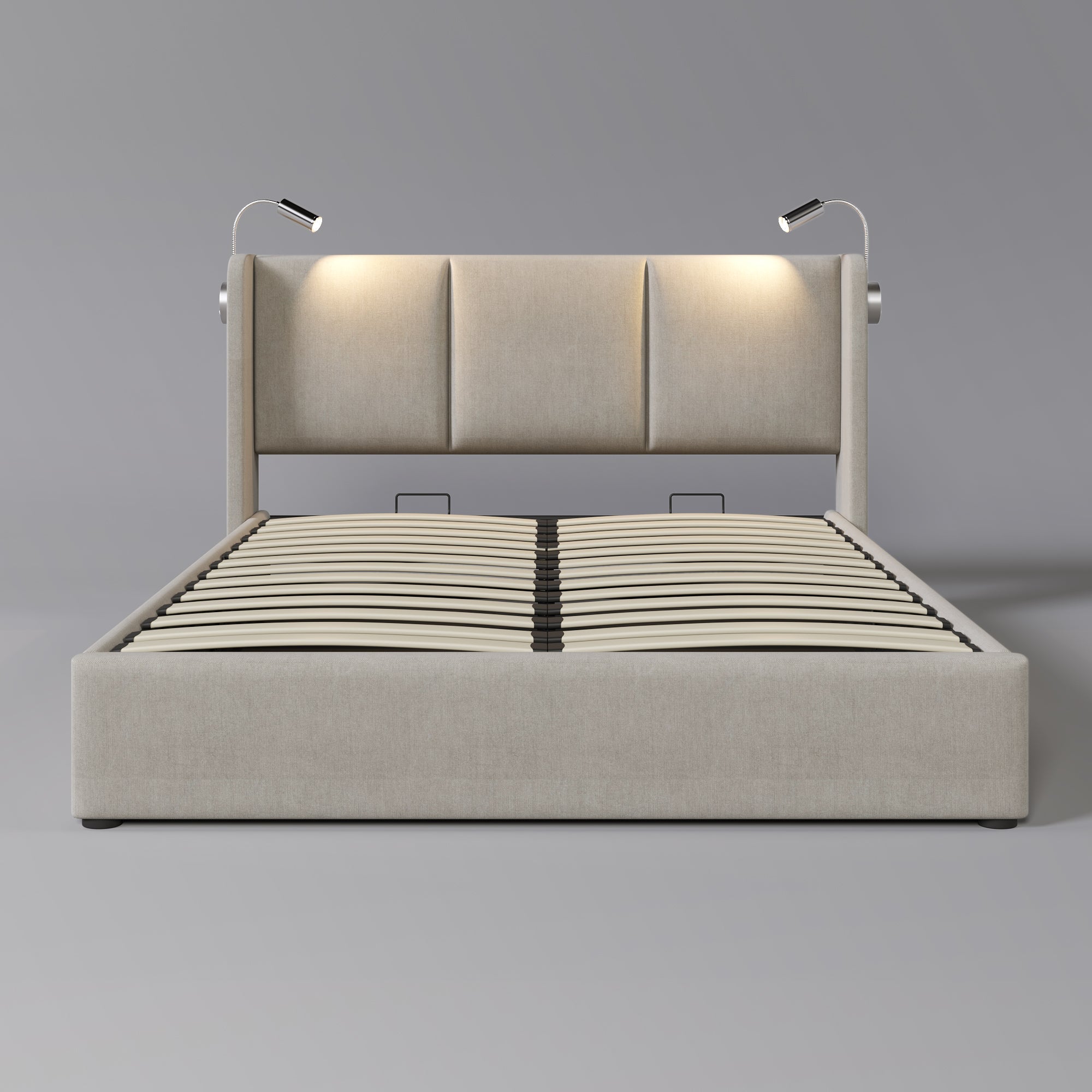 Upholstered Double Bed 160x200 Storage, USB Reading Light Headboard, Linen Material