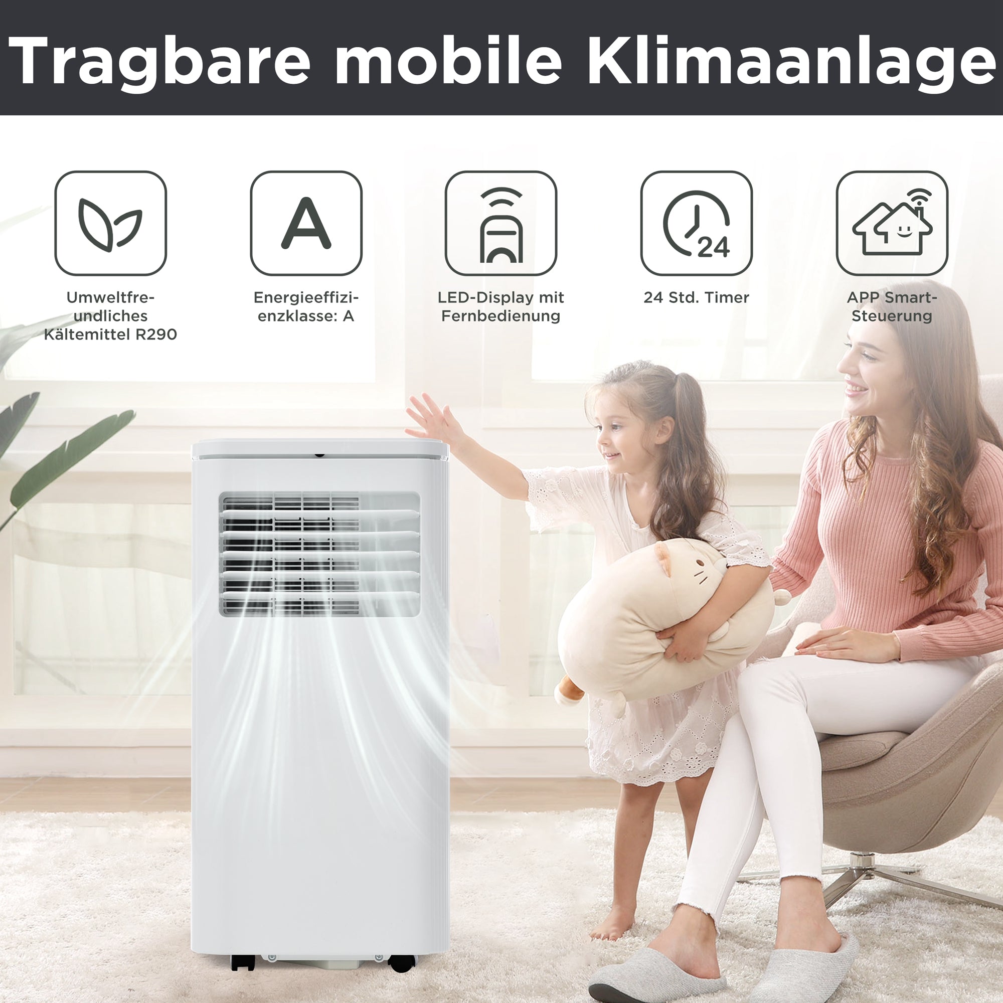 Portable Air Conditioner 9000 BTU/h 2.5kW Dehumidifier 100 m² A-Class