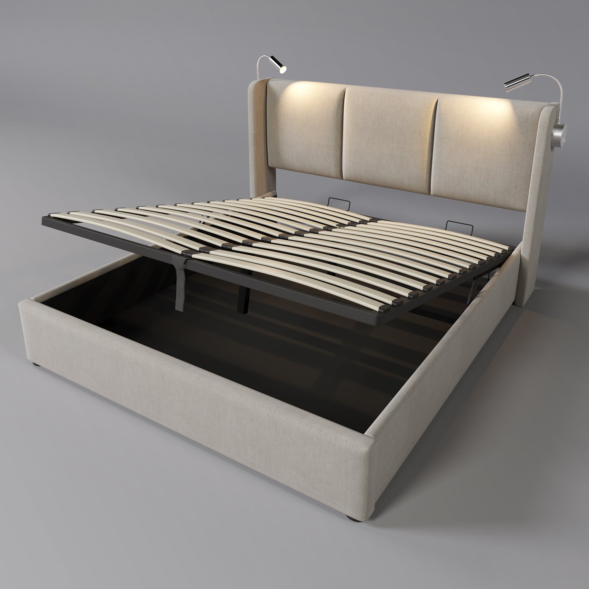 Upholstered Double Bed 160x200 Storage, USB Reading Light Headboard, Linen Material