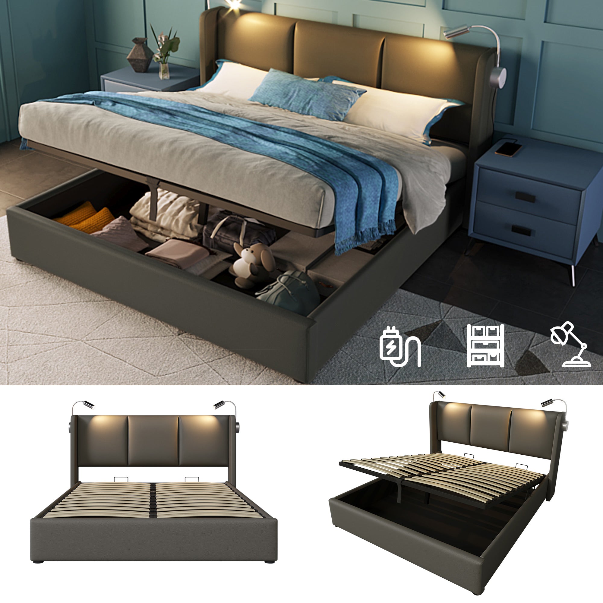 Upholstered Double Bed 140x200 Storage, USB Light, Slatted Base, PU