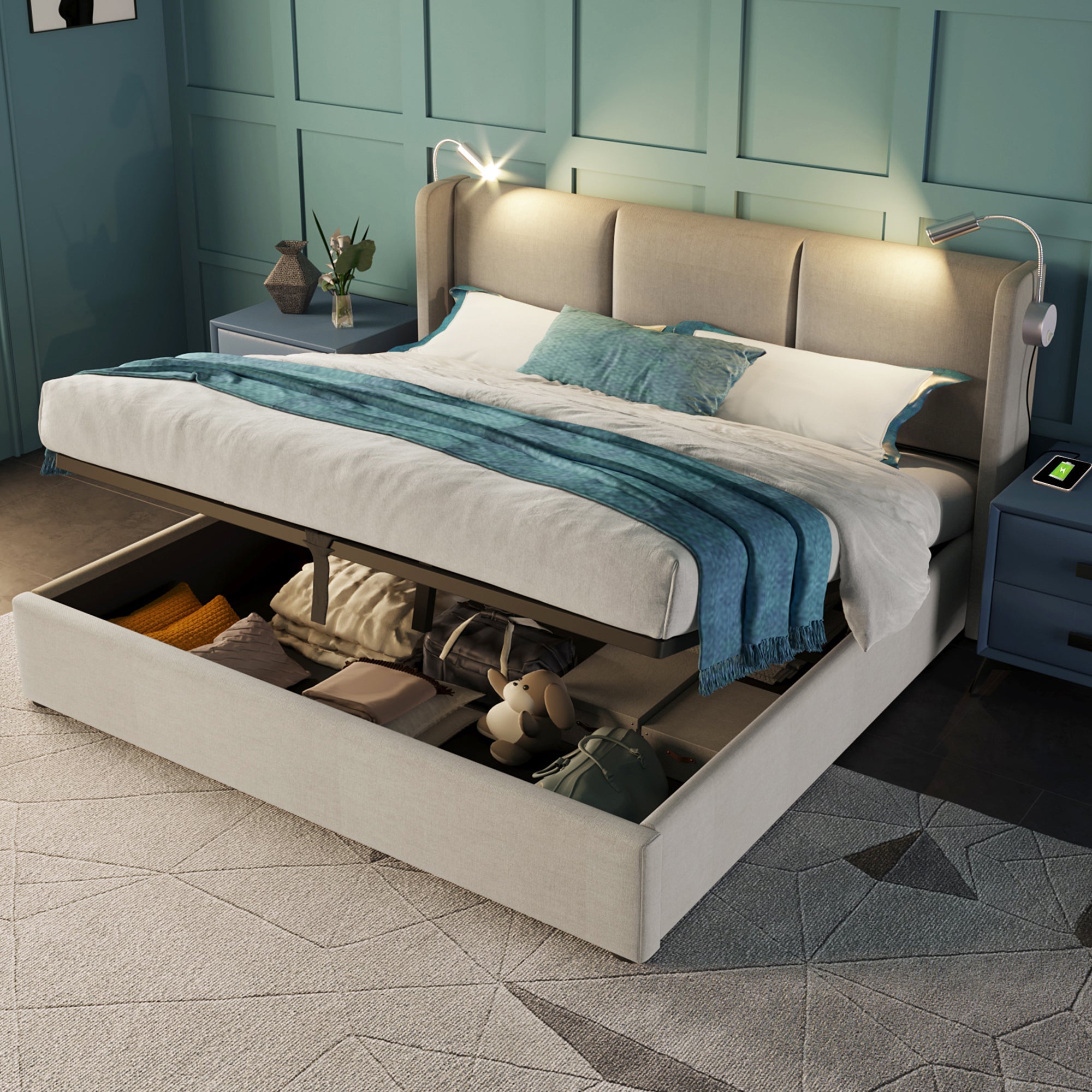 Upholstered Double Bed Storage Reading Light Charging Headboard 160x200 PU