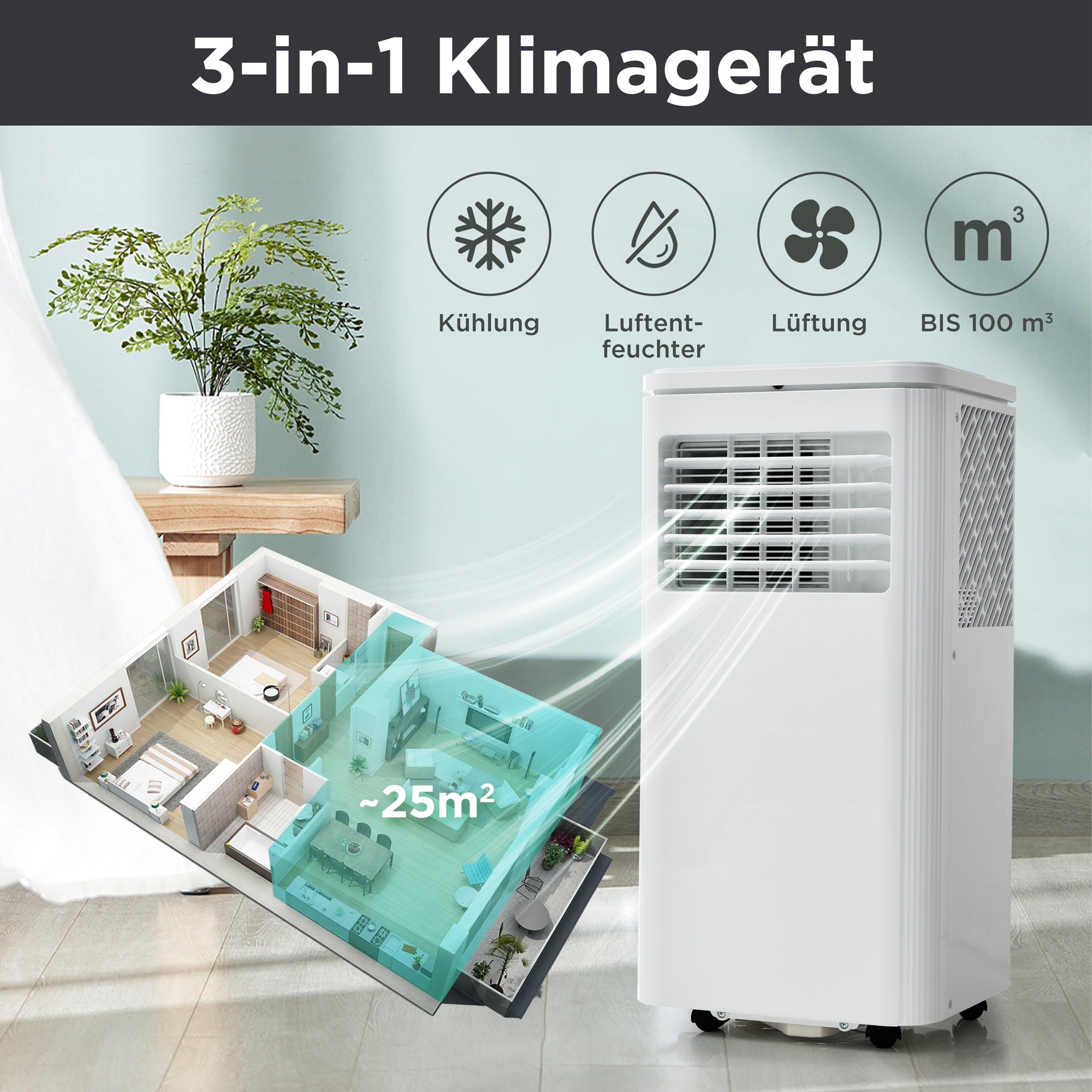 Portable Air Conditioner 9000 BTU/h 2.5kW Dehumidifier 100 m² A-Class