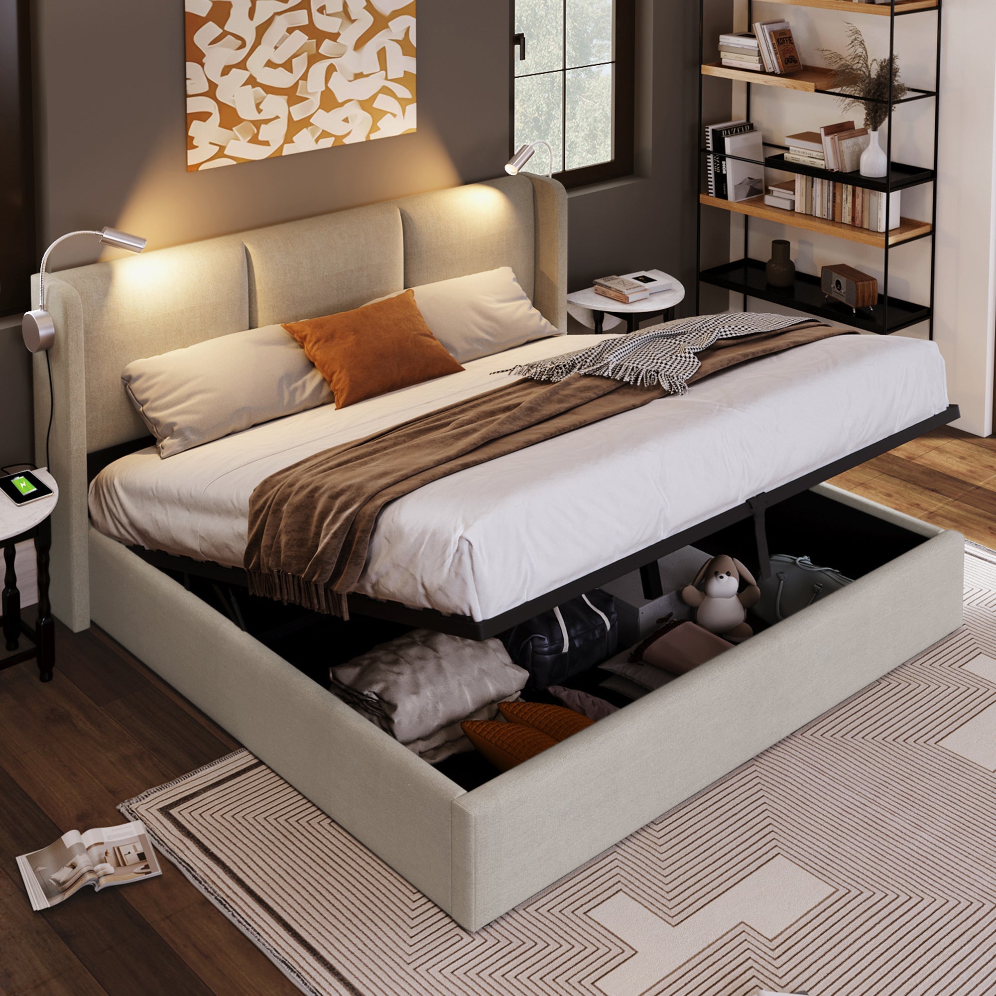 Upholstered Double Bed Storage Reading Light Charging Headboard 160x200 PU