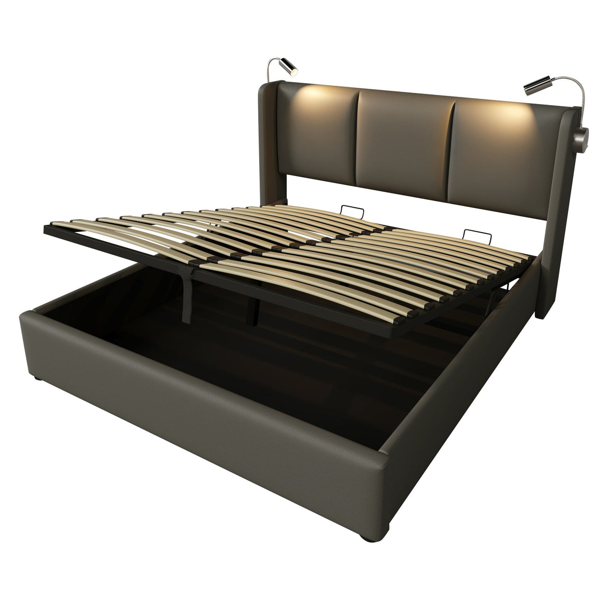 Upholstered Double Bed 140x200 Storage USB Headboard with Slatted Base, PU