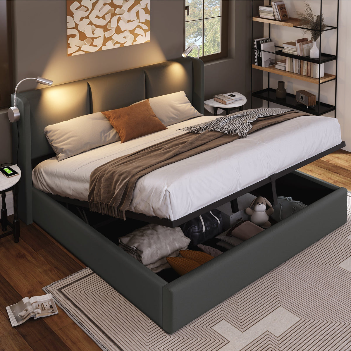 Upholstered Double Bed 140x200 Storage, USB Light, Slatted Base, PU