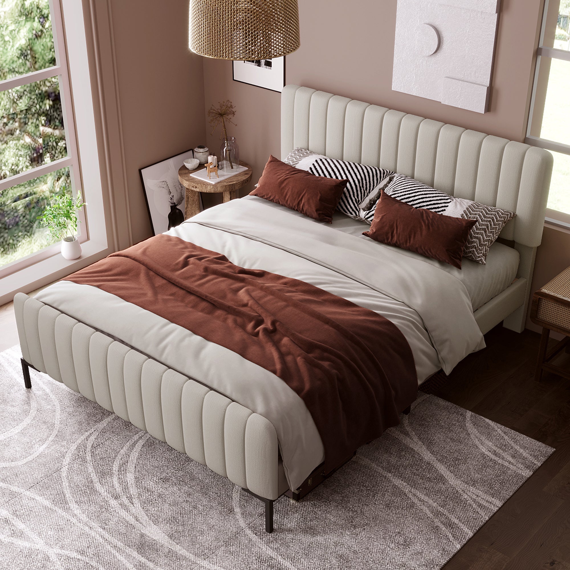 Upholstered Bed Double Bed 180x200cm with Slatted Base and Adjustable Headboard, Grey-Beige Linen