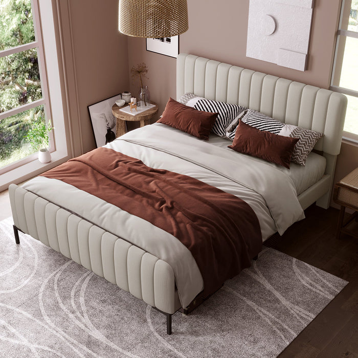 Upholstered Bed Double Bed 180x200cm with Slatted Base and Adjustable Headboard, Grey-Beige Linen