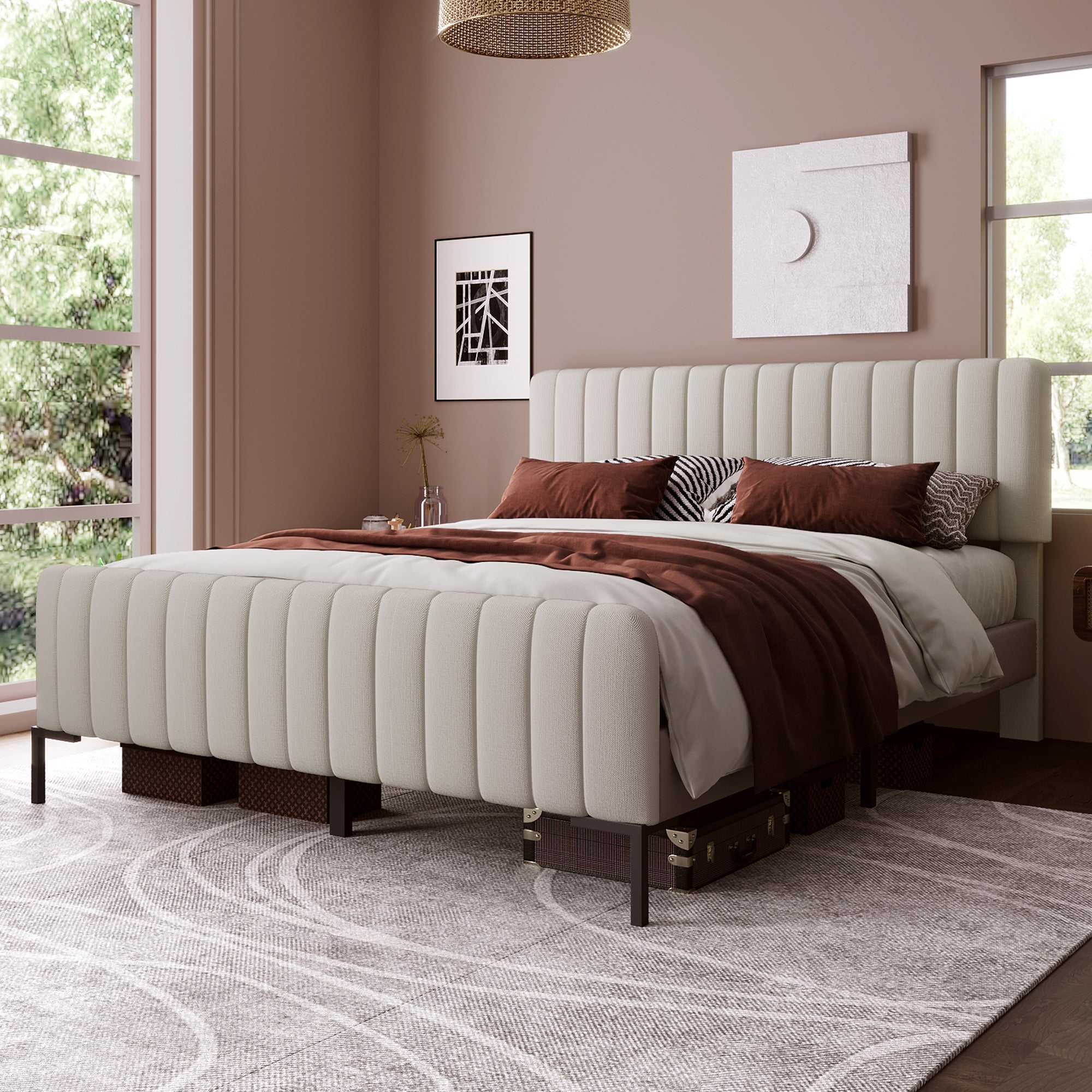 Upholstered Bed Double Bed 180x200cm with Slatted Base and Adjustable Headboard, Grey-Beige Linen
