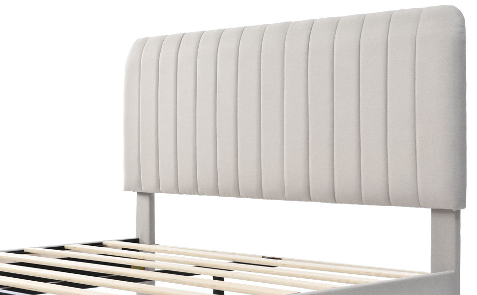 Upholstered Bed, 160x200cm Double, Adjustable Headboard, Grey-Beige Linen
