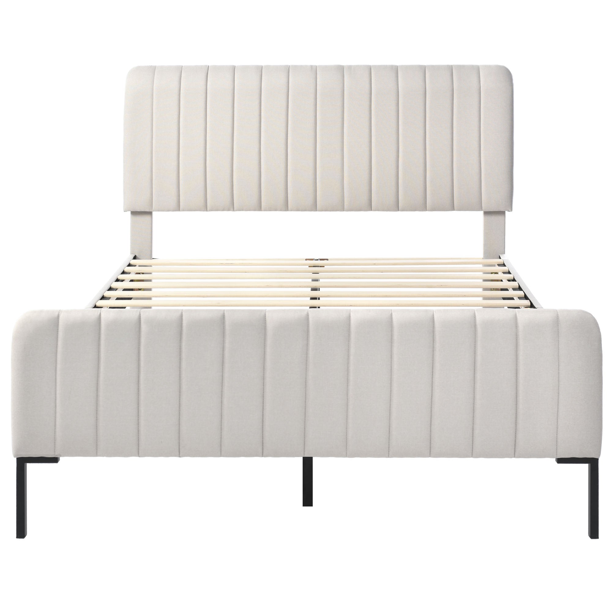 Upholstered Bed, 160x200cm Double, Adjustable Headboard, Grey-Beige Linen