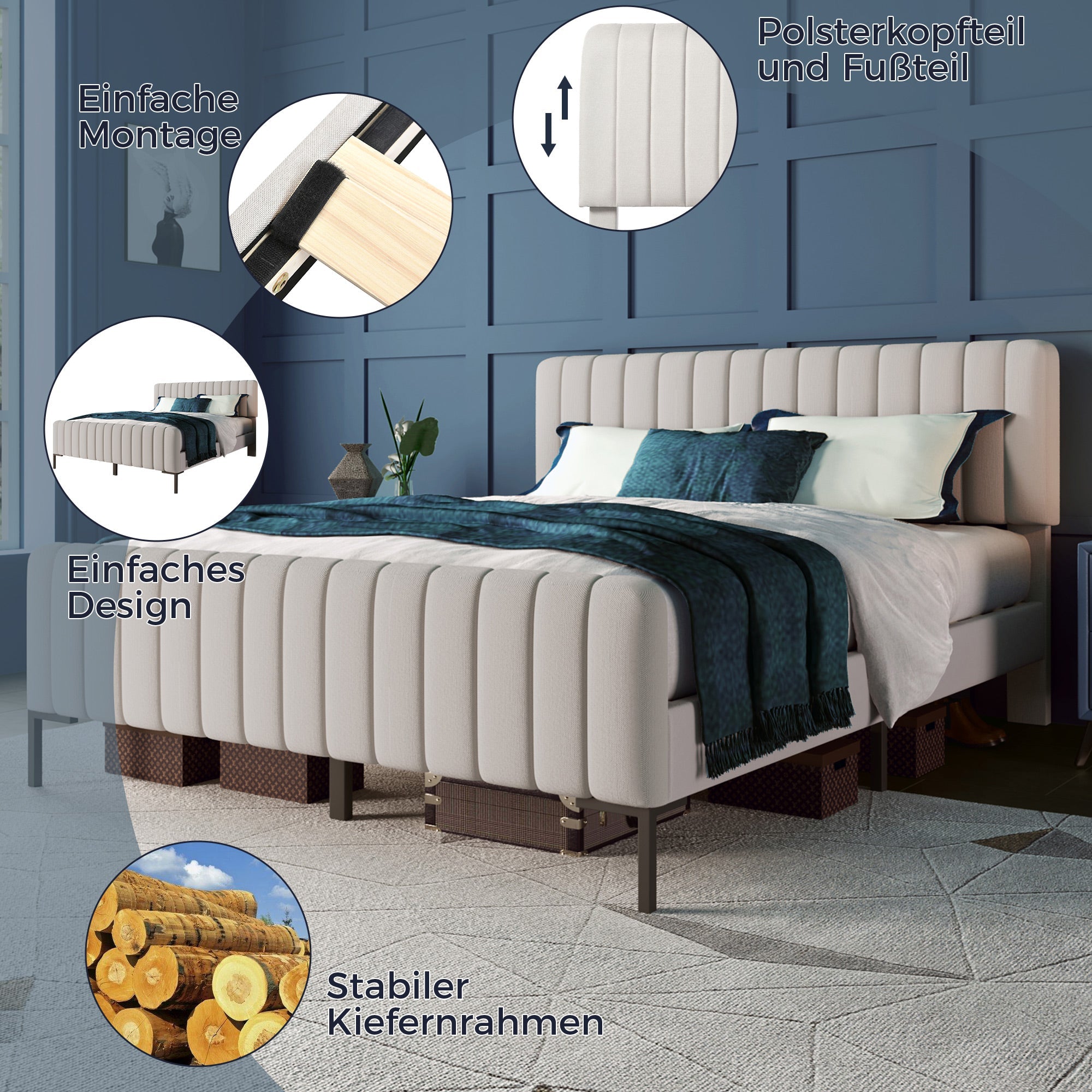 Upholstered Bed, 160x200cm, Adjustable Headboard, Grey-Beige Linen