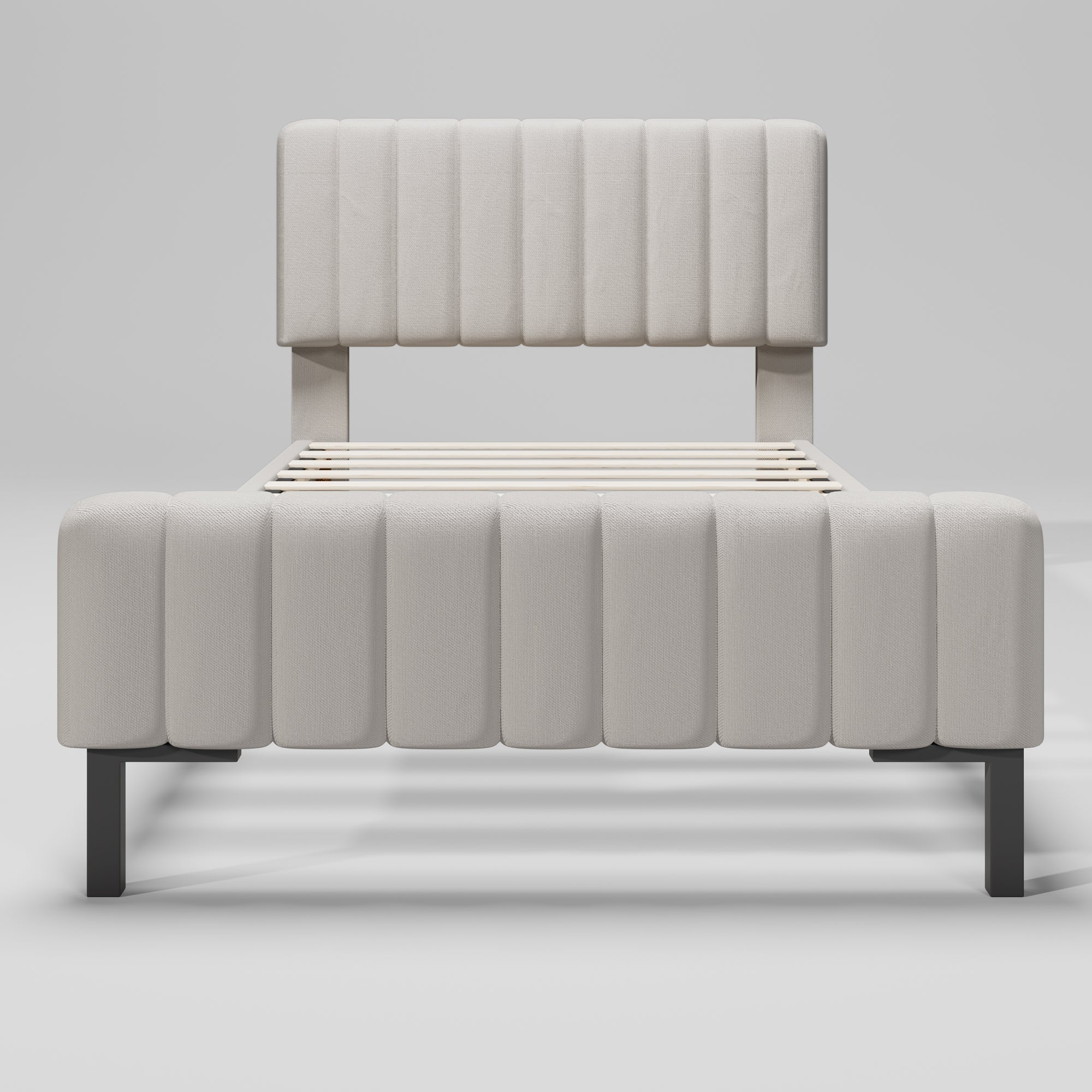 Upholstered single bed, 90 x 200 cm, adjustable headboard, grey-beige linen