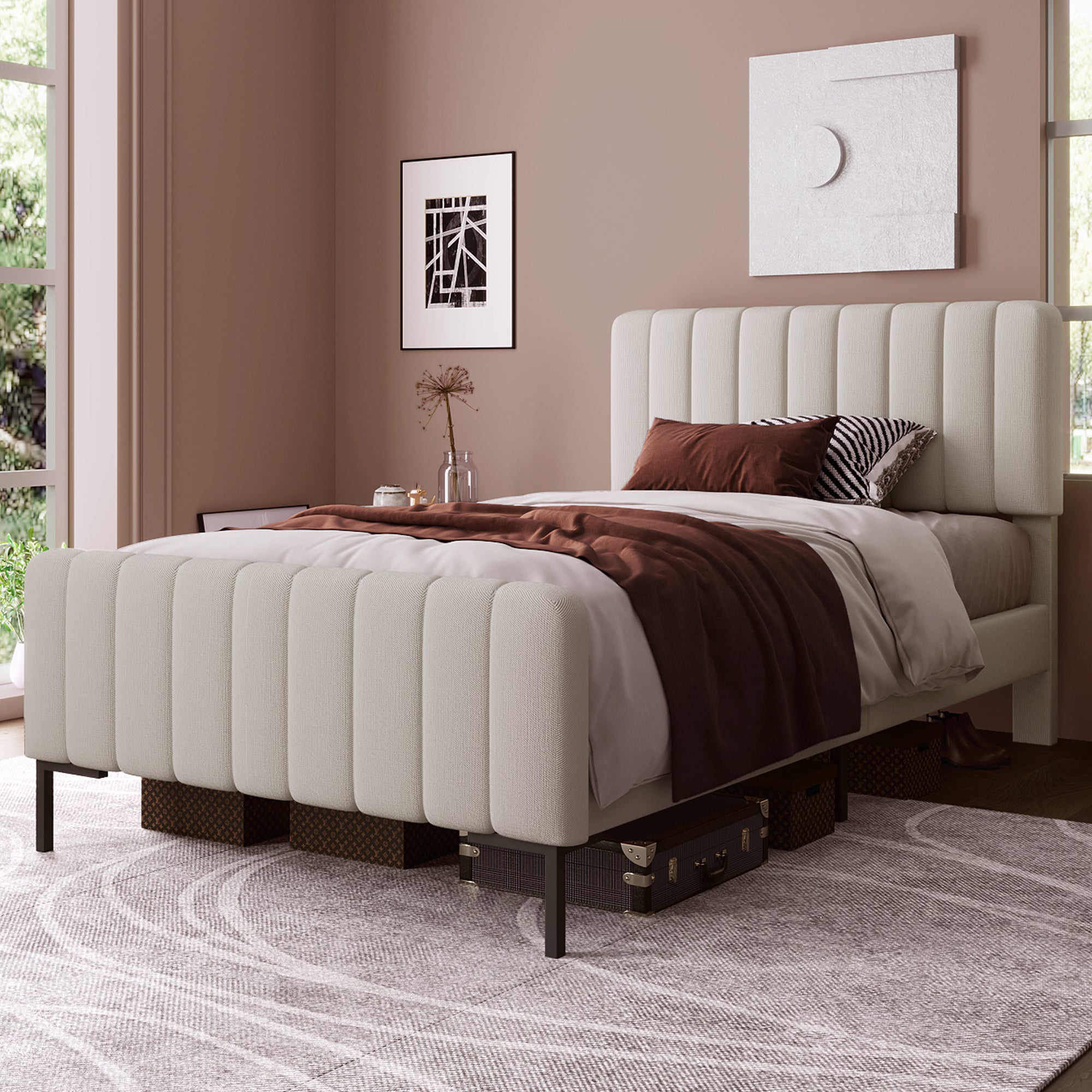 Upholstered Single Bed, 90x200cm Adjustable Headboard, Grey-Beige Linen