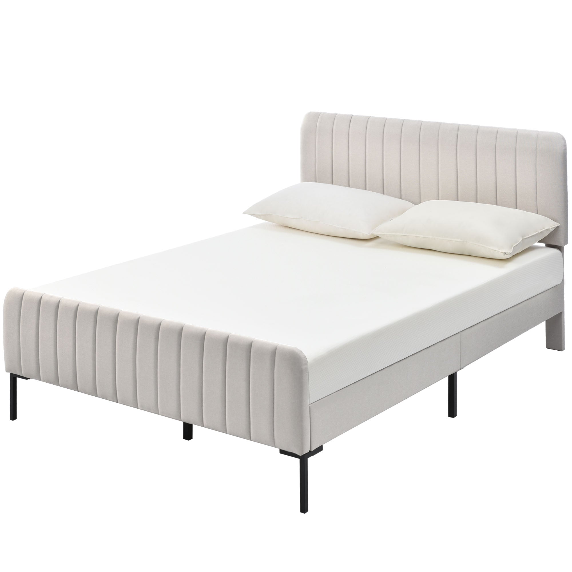 Upholstered Bed Double Bed 180x200cm with Slatted Base and Adjustable Headboard, Grey-Beige Linen