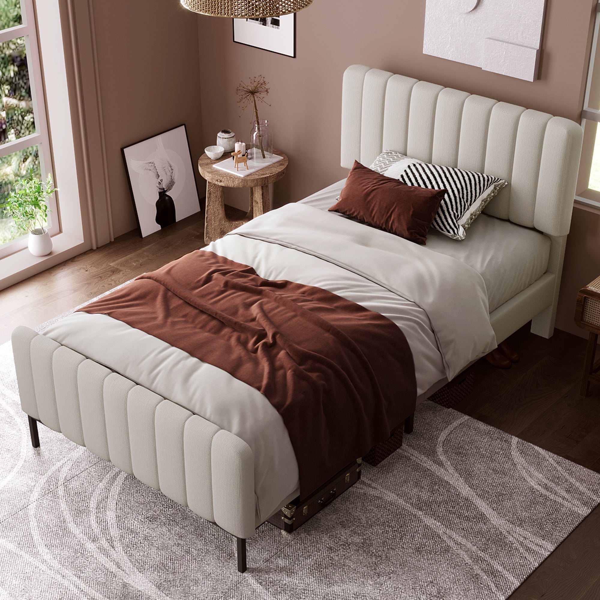 Upholstered single bed, 90 x 200 cm, adjustable headboard, grey-beige linen