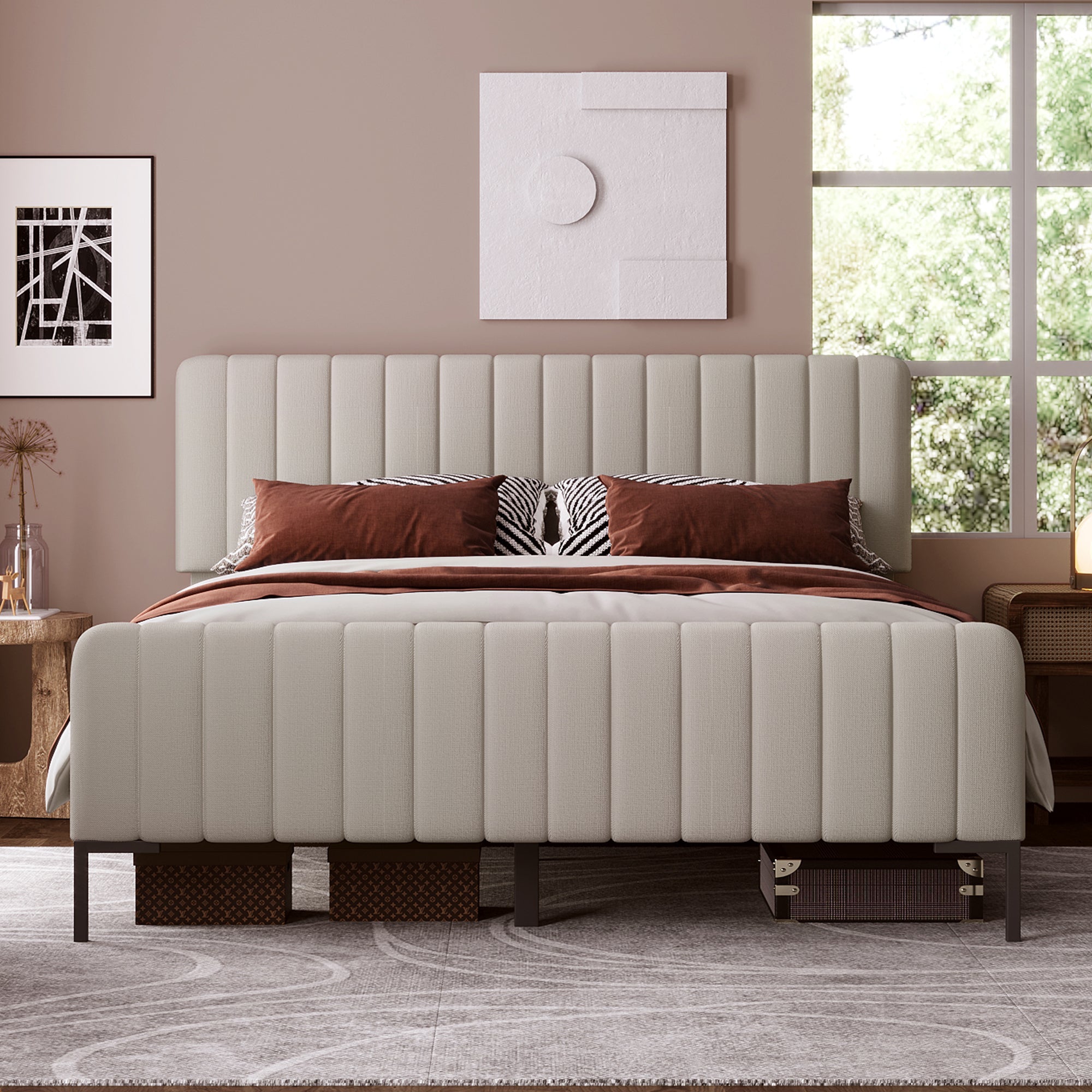 Upholstered Bed Double Bed 180x200cm with Slatted Base and Adjustable Headboard, Grey-Beige Linen